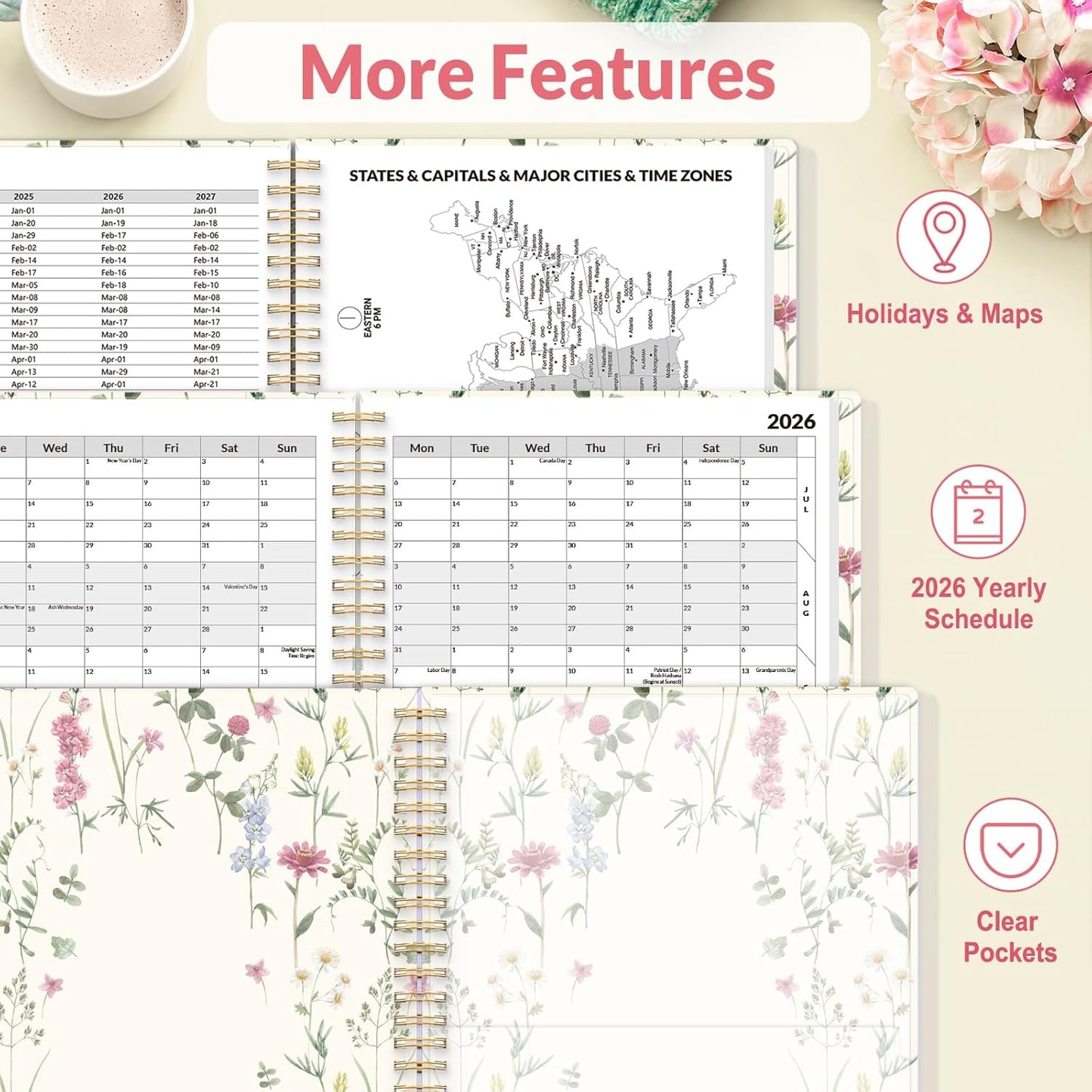SUNEE 2026 Appointment Planner 15-Minute Time Block – Weekly & Monthly Spiral Organizer with Note Section – Thick Paper, Lay-Flat Bound – 8.5 x 11 for Office, School, Salon, Men & Women, Wildflowers