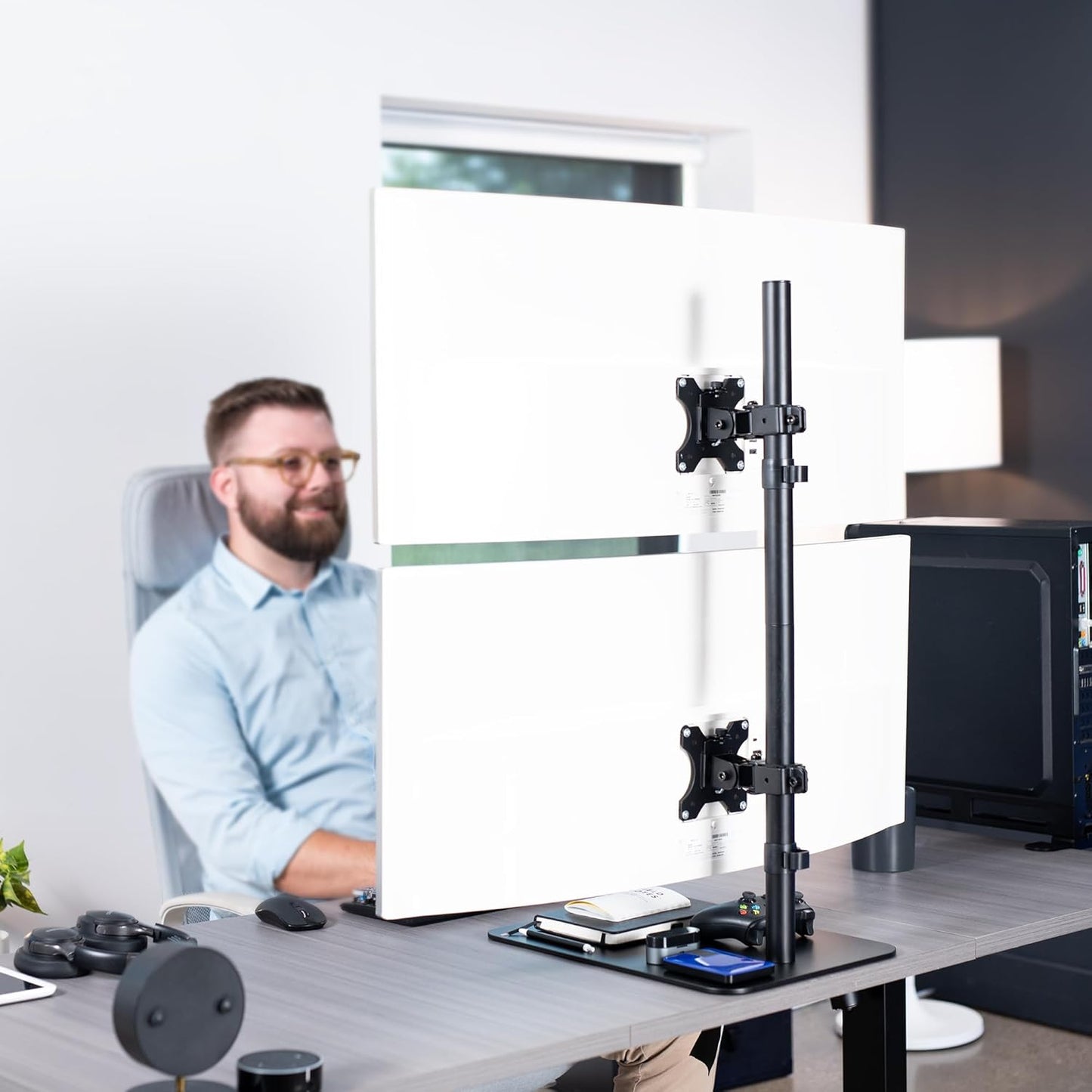 VIVO Freestanding Dual Vertically Stacked Ultra-Wide Monitor Desk Stand, Extra Tall Heavy Duty Adjustable Mount for 2 Ultrawide Screens up to 45 inches, 25 lbs Per Screen Capacity, Black, STAND-V200L