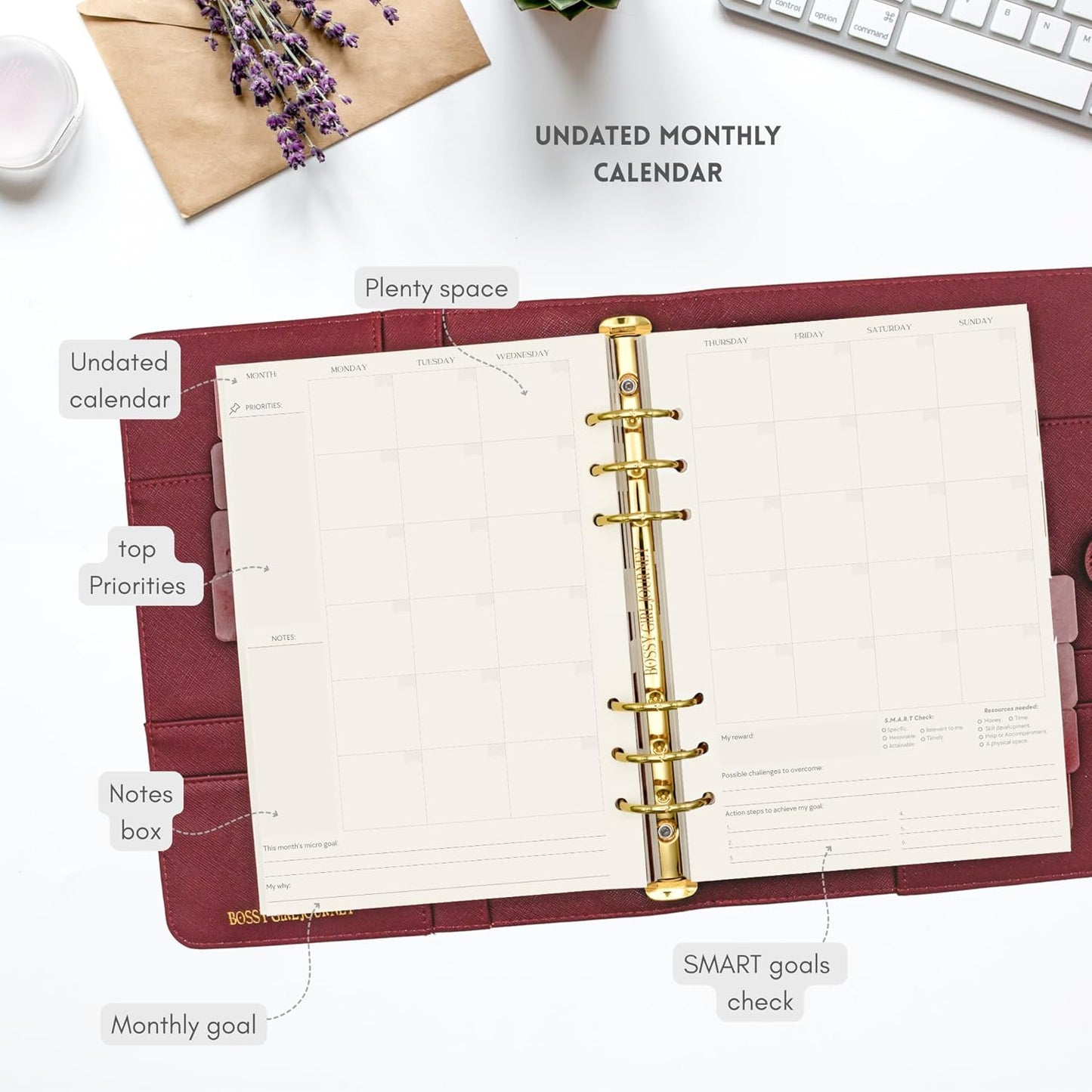 Bossy Girl Journey - A5 Daily Planner Binder – Undated Time Blocking Refillable Organizer for Women with 110gsm Paper, PU Leather Cover, Stickers, Dividers, Pen Loop, Gift Box – Goal Setting & Productivity (Granate)