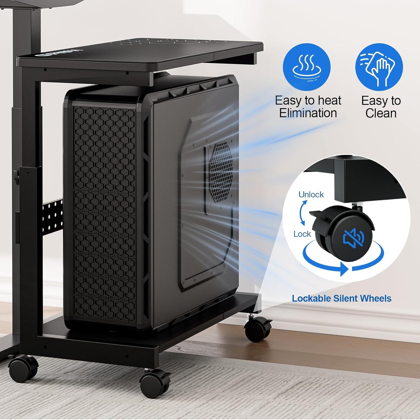 Height Adjustable Computer Tower Stand, 2-Tier ATX-Case CPU Holder with Mouse Pad & Headphone Stand, Mobile PC Standing Under Desk, Home Office Gaming Accessories, Computer Cart Wheels, Black