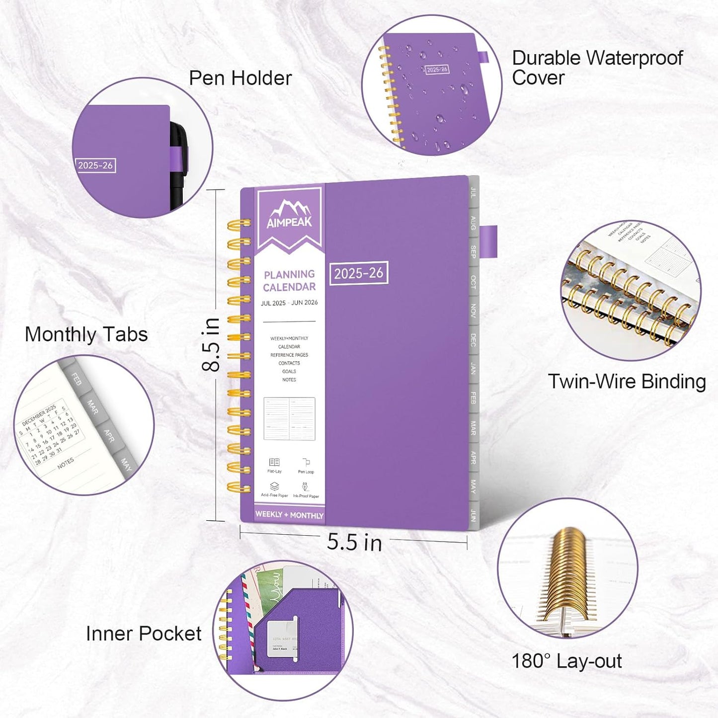 Planner 2025-2026, Weekly and Monthly Planners for Teacher & Student,Jul.2025 - Jun.2026, AIMPEAK Daily Calendar Planner with Monthly Tabs, Pen Loop, Flexible Waterproof Cover, Purple, 5.5" x 8.5"