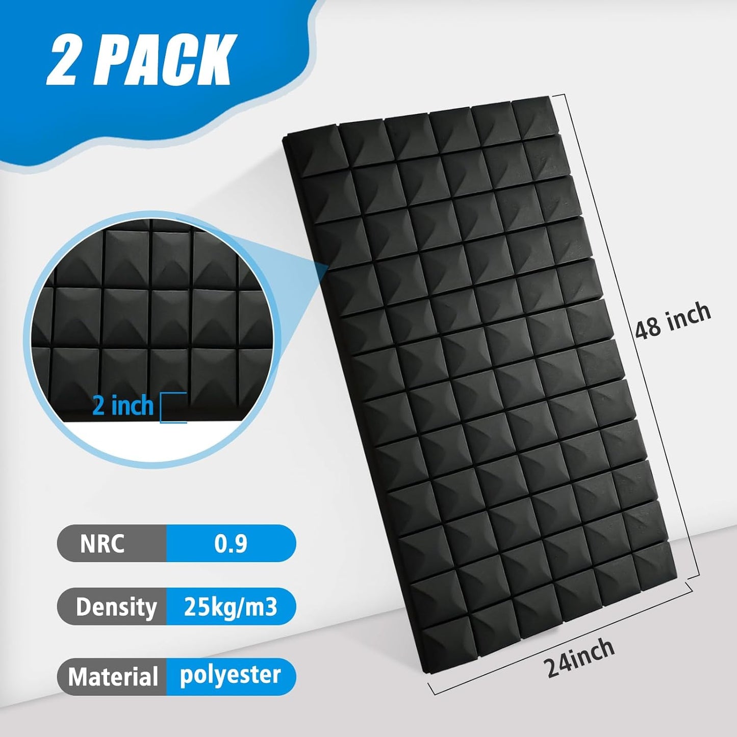 2 Pack Acoustic Panels, 48 x 24 x 2" Sound Proof Foam High Density Studio Wedge Tiles Fire Resistant Acoustic Panels for Home,Office, Recording Room, Studio (Black-2 Pack)