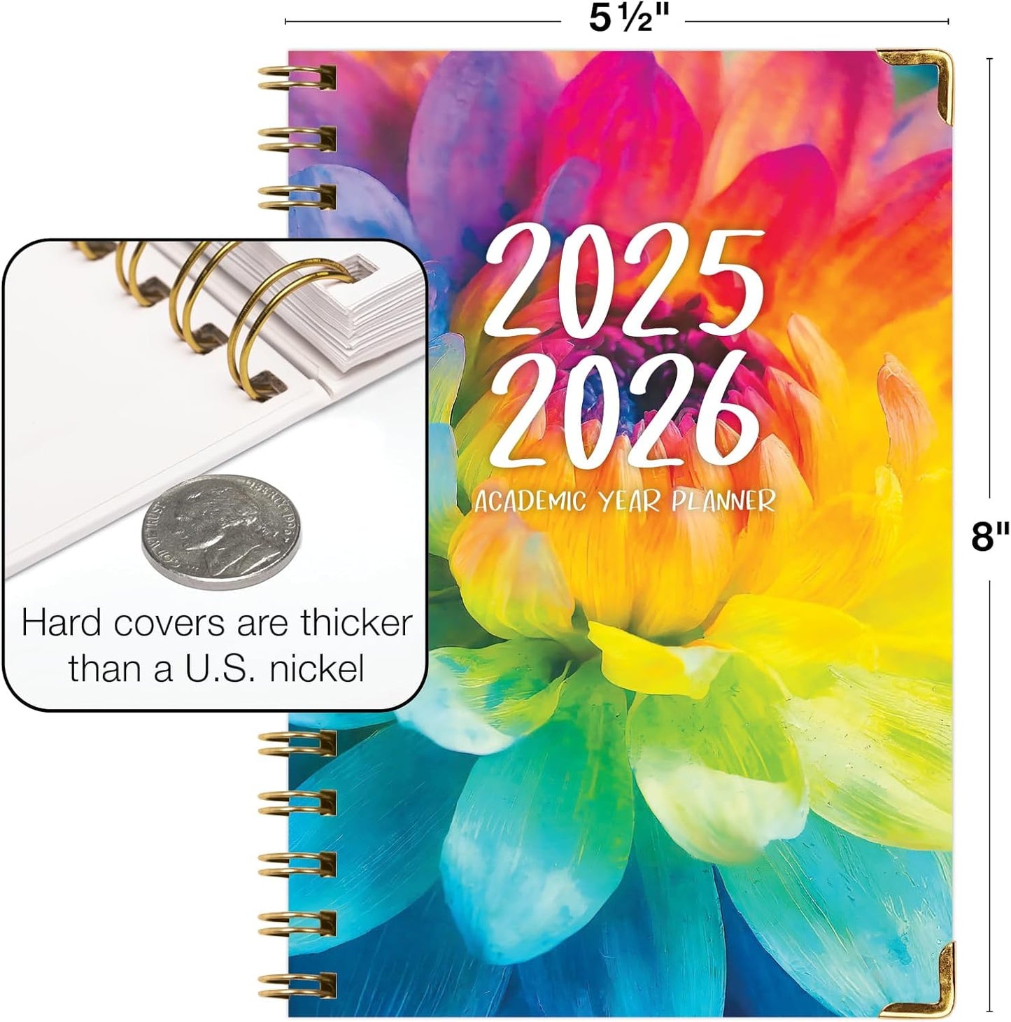 HARDCOVER Academic Year 2025-2026 Planner: (June 2025 Through July 2026) 5.5"x8" Daily Weekly Monthly Planner Yearly Agenda. Bookmark, Pocket Folder and Sticky Note Set (Rainbow Petals)