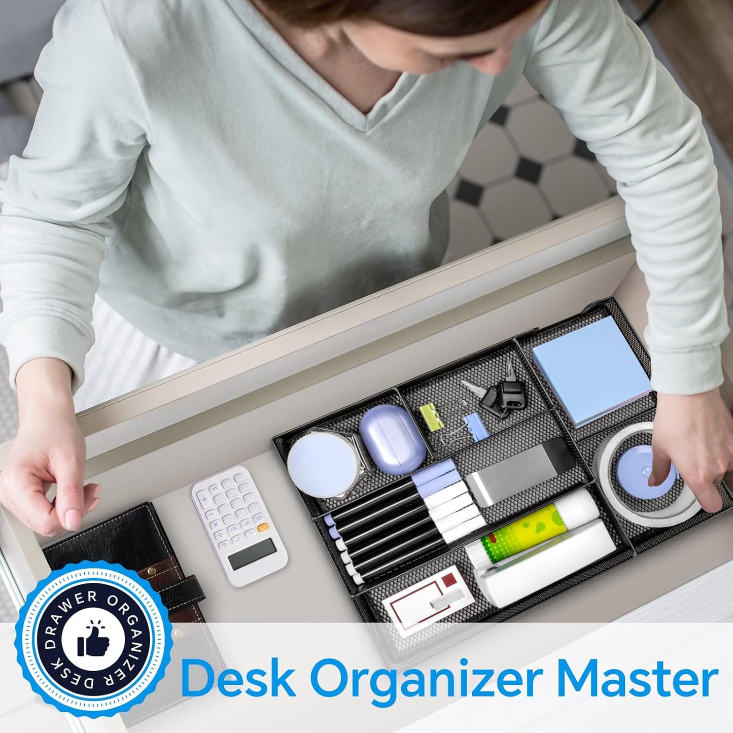 Desk Drawer Organizer, Office Drawer Divider Organizer Tray with 6 Compartments, Metal Mesh Desktop Organization and Accessories for Stationery Makeup Kitchen Toolroom School &Office, 12.6x8.27x1.6 in