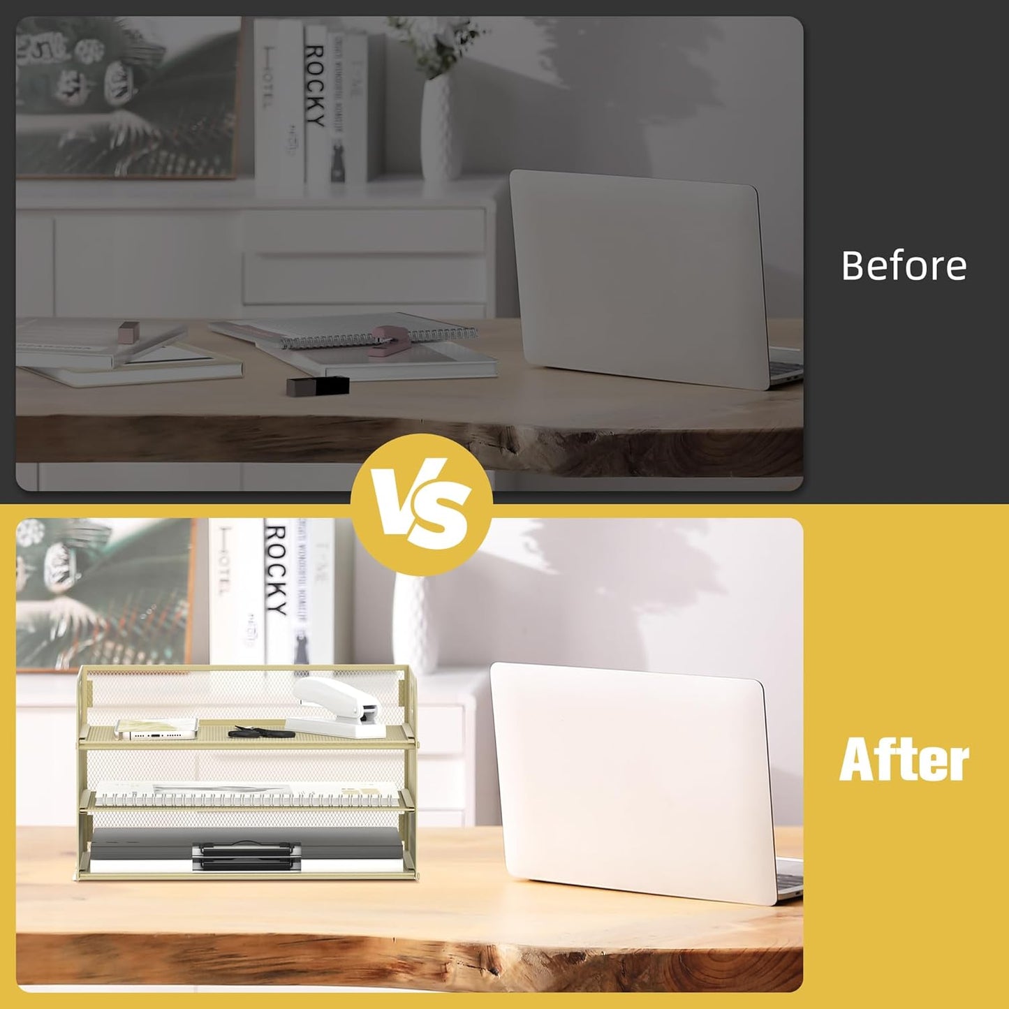 Daltack 3-Tier Paper Organizer with Handle, Mesh Desk Organizer Letter Tray, Paper Tray Organizer File Organizer for A4 File Folder, Golden Yellow