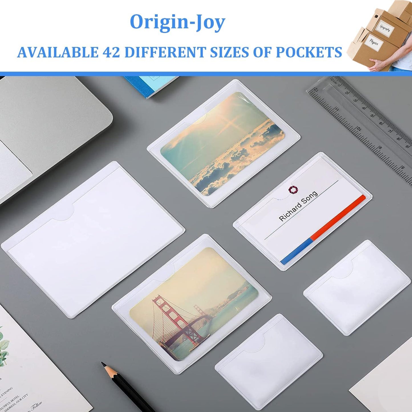 Origin-Joy 35 PCS Self Adhesive Index Card Pockets with Top Open, Clear Plastic Label Holder for Notes, Library and Business, Adhesive Label Pockets & Holder (5 x 3 inch)