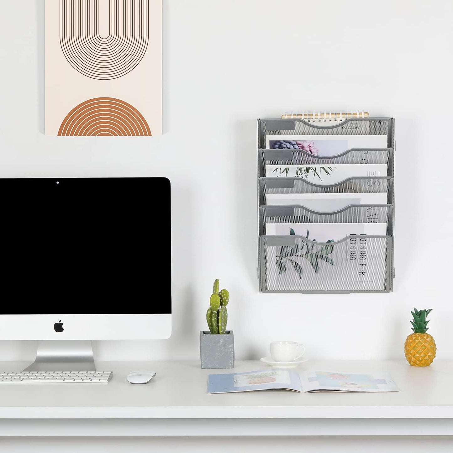 EasyPAG Wall File Holder Organizer 5 Pocket Mesh Hanging Wall Mounted Document Paper Folder Filing Magazine Rack with Nametag Label for Office Home School, Sliver