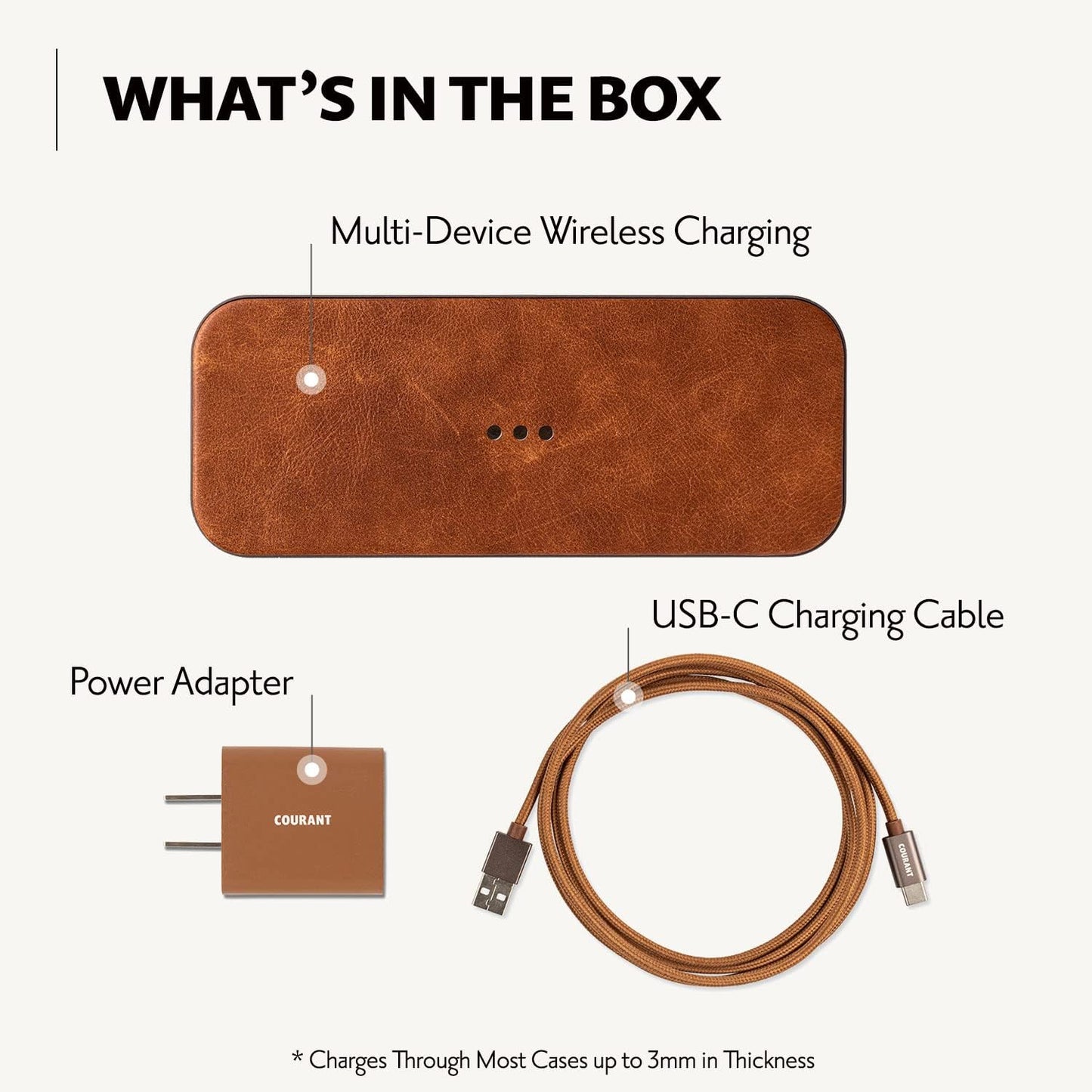 Courant Catch:2 Classics - Italian Leather Dual Wireless Charging Pad - Compatible with iPhone 11, X, SE, Galaxy S23, S22, S21, S20, Note, AirPods, AirPods Pro (Saddle)