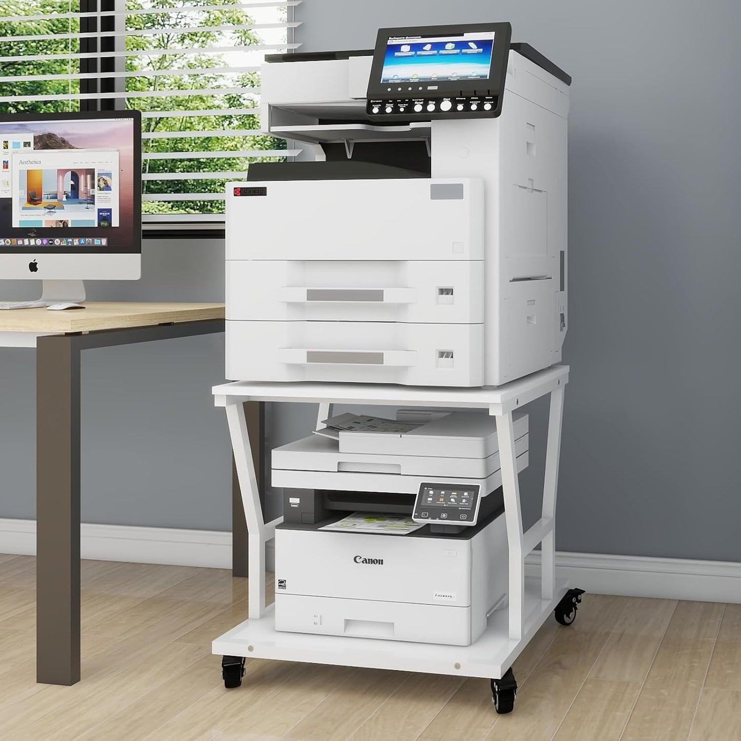 Natwind 2-Tier Large Printer Stand,23.6"x23.6"x29.5" Heavy-Duty Printer Table Cart with Paper Storage Shelf & Wheels,Ideal for Home Office Laser Printers, Copiers (White)