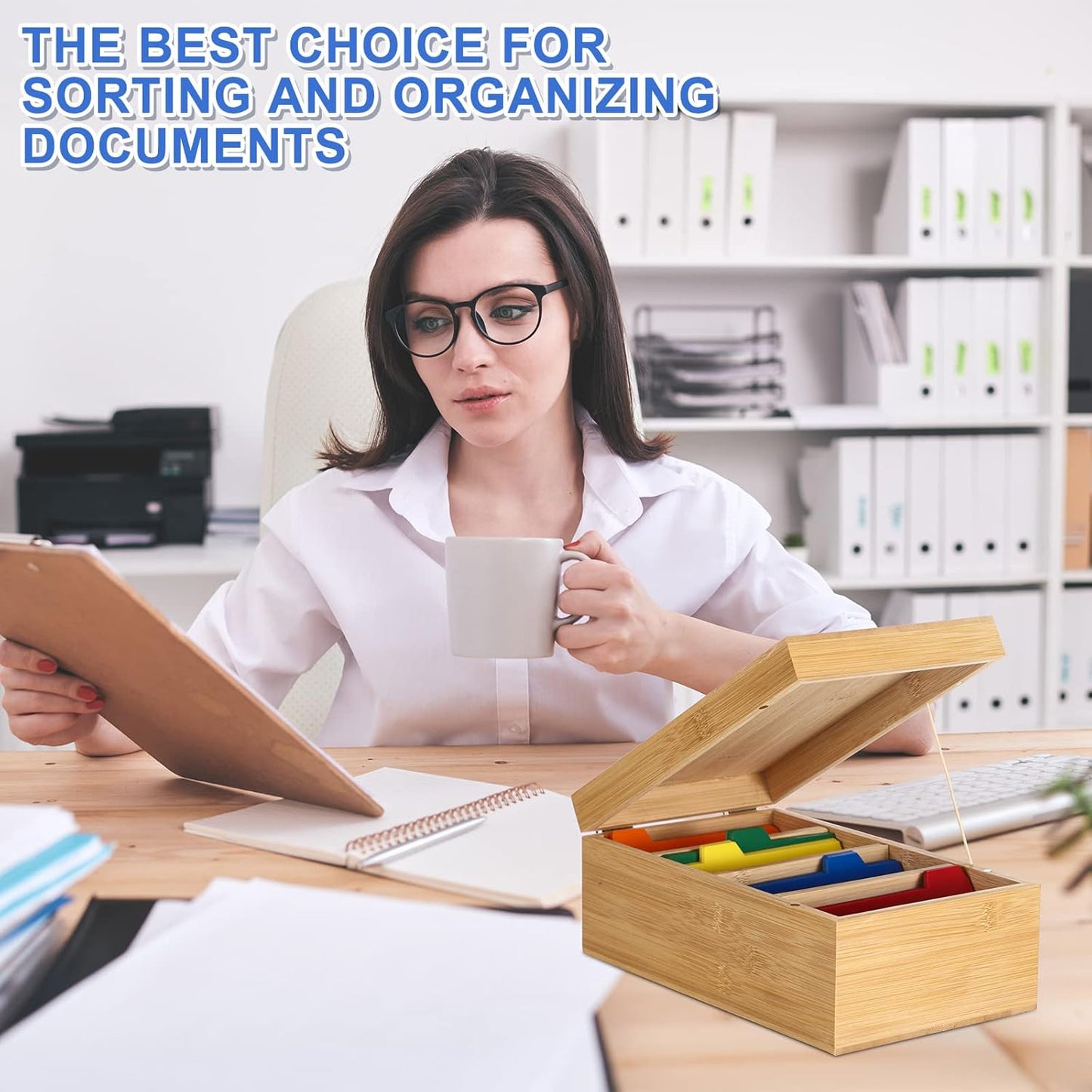 Henoyso 3 x 5 Inches Index Card Holder Set, Bamboo Recipe Box Organizer Index Cards Organizer, 50 Pcs Dividers 2 Sheets Alphabet Number Stickers File Note Holders for Office Business Home Kitchen