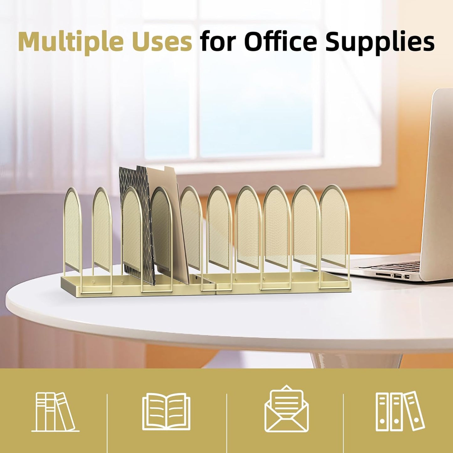 SUPEASY File Organizer 9-Section Mesh Desk Organizer, Upright File Organizer Desktop Organizer File Sorter, File Folder Holder for Office Supplies, Golden Yellow