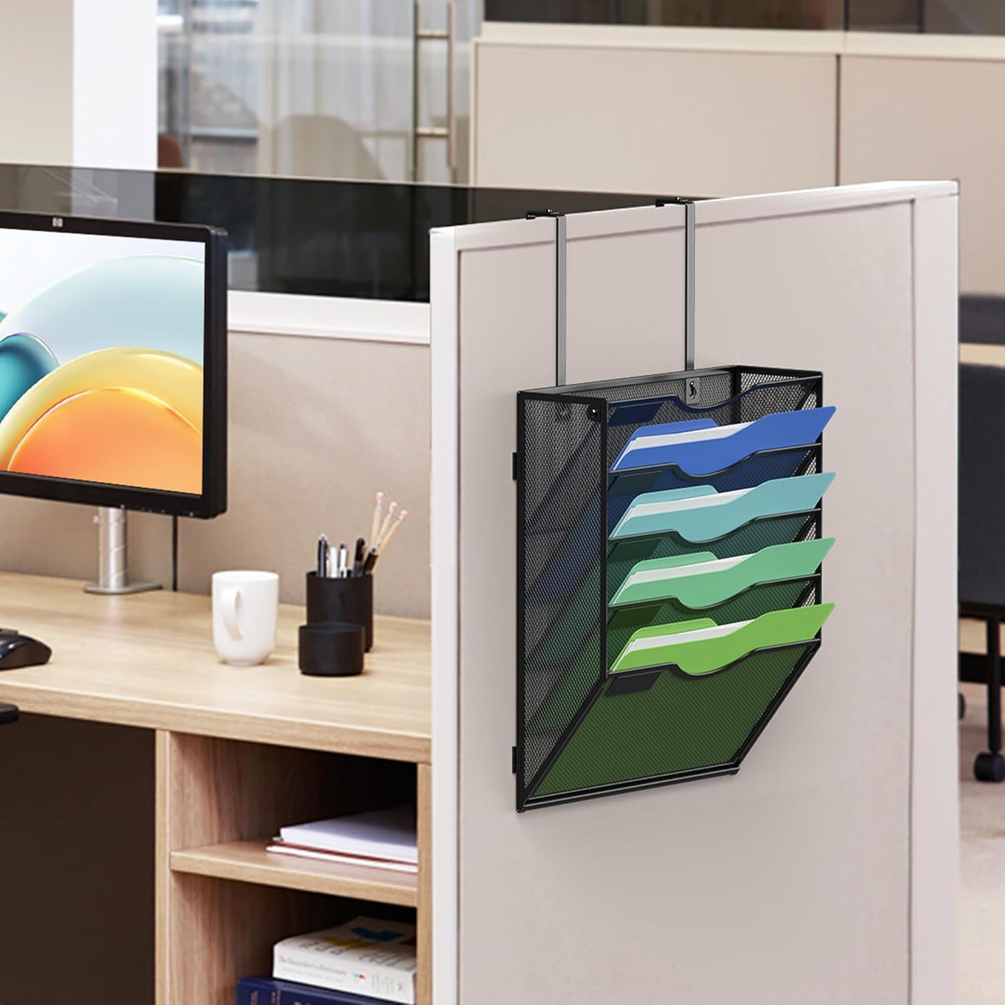 Kuntine.B Wall File Organizer Office Hanging Magazine Holder Wall File Organizer for Office Home (Black, 5 Tier & Hangers)