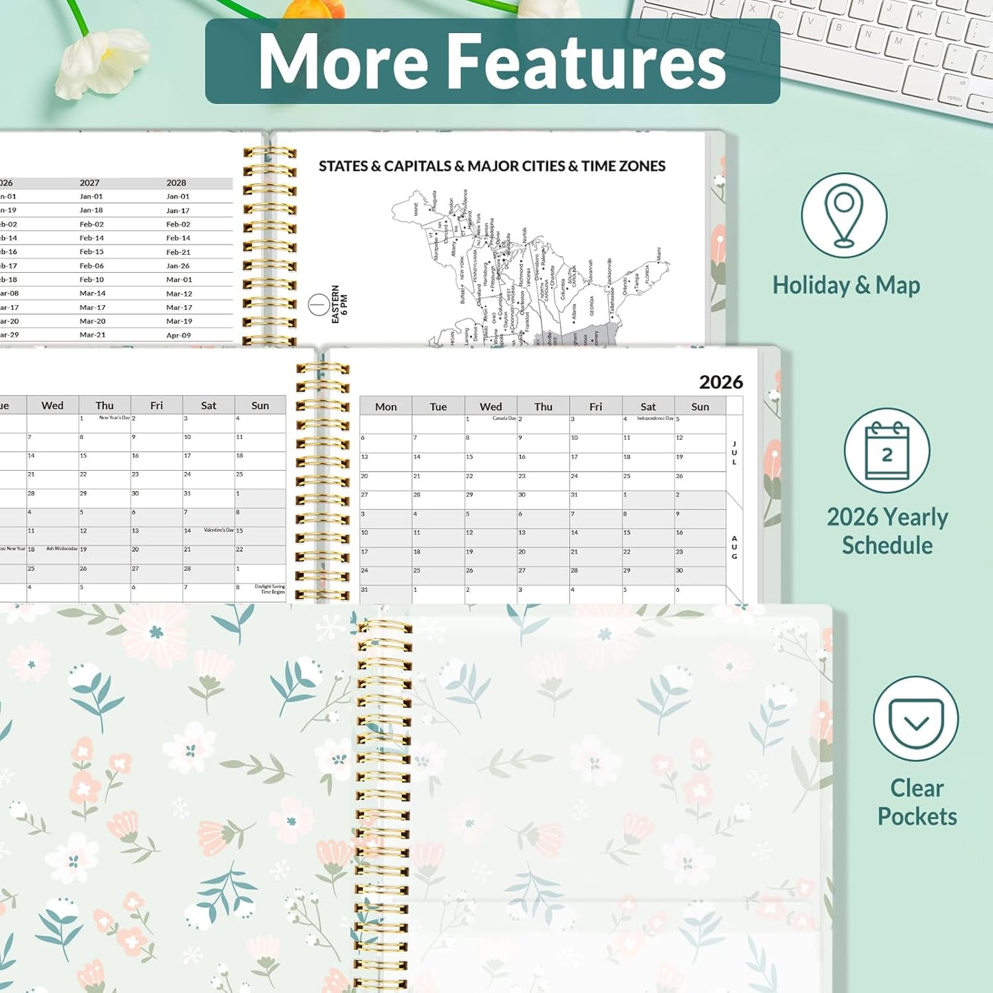 SUNEE 2026 Appointment Book, Quarter-Hourly, Weekly & Monthly - from January 2026 - December 2026, 6.4"x8.3" Weekly Planner, Flexible Cover, Note Pages, Pockets, Bookmark, Green Wildflowers
