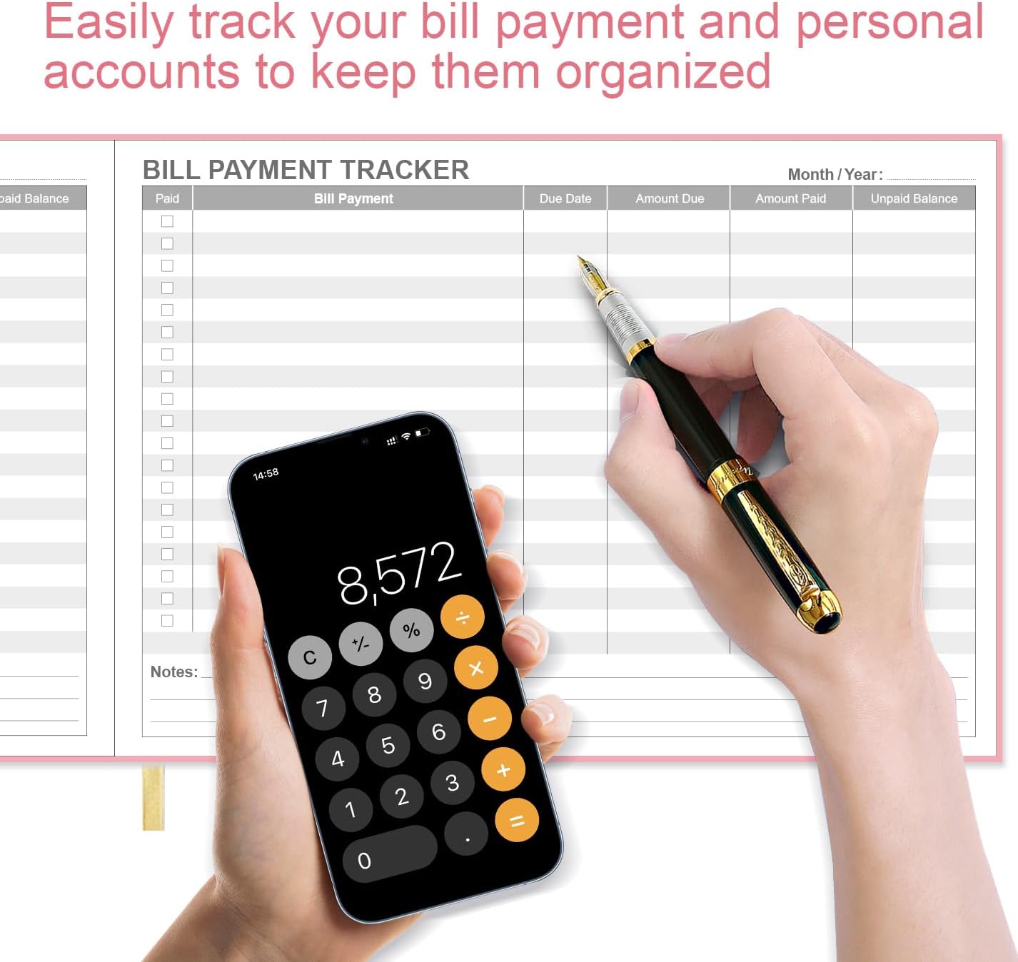 Bill Tracker Notebook - Monthly Bill Organizer & Planner for Personal Budgeting Financial, Payments Checklist Organizer, 7" x 10", Pink
