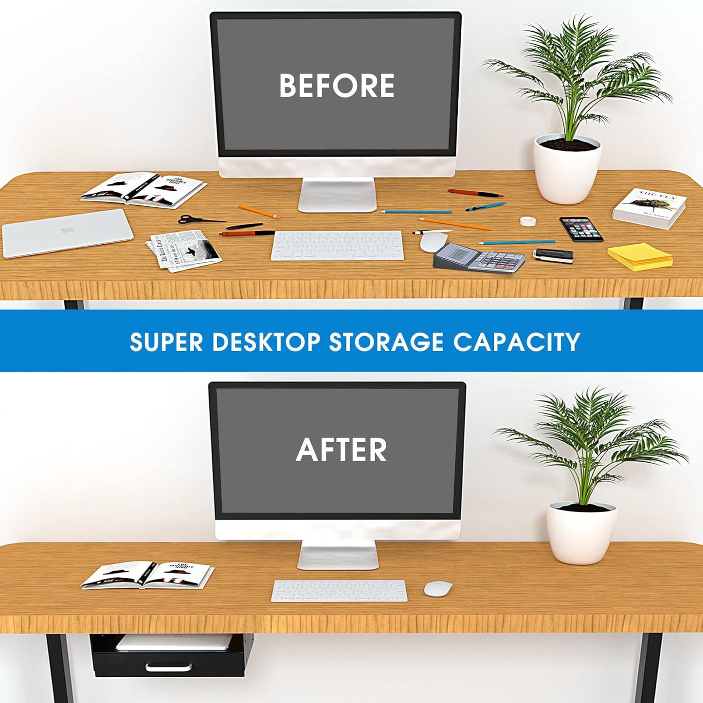 GOME Under Desk Drawer Storage with Laptop/Book/Folders Shelf, Double Layer Easy Slide-Out Undermount Drawer Organizer with Ball Sliding Track for Home Office Sit-Stand Workstation