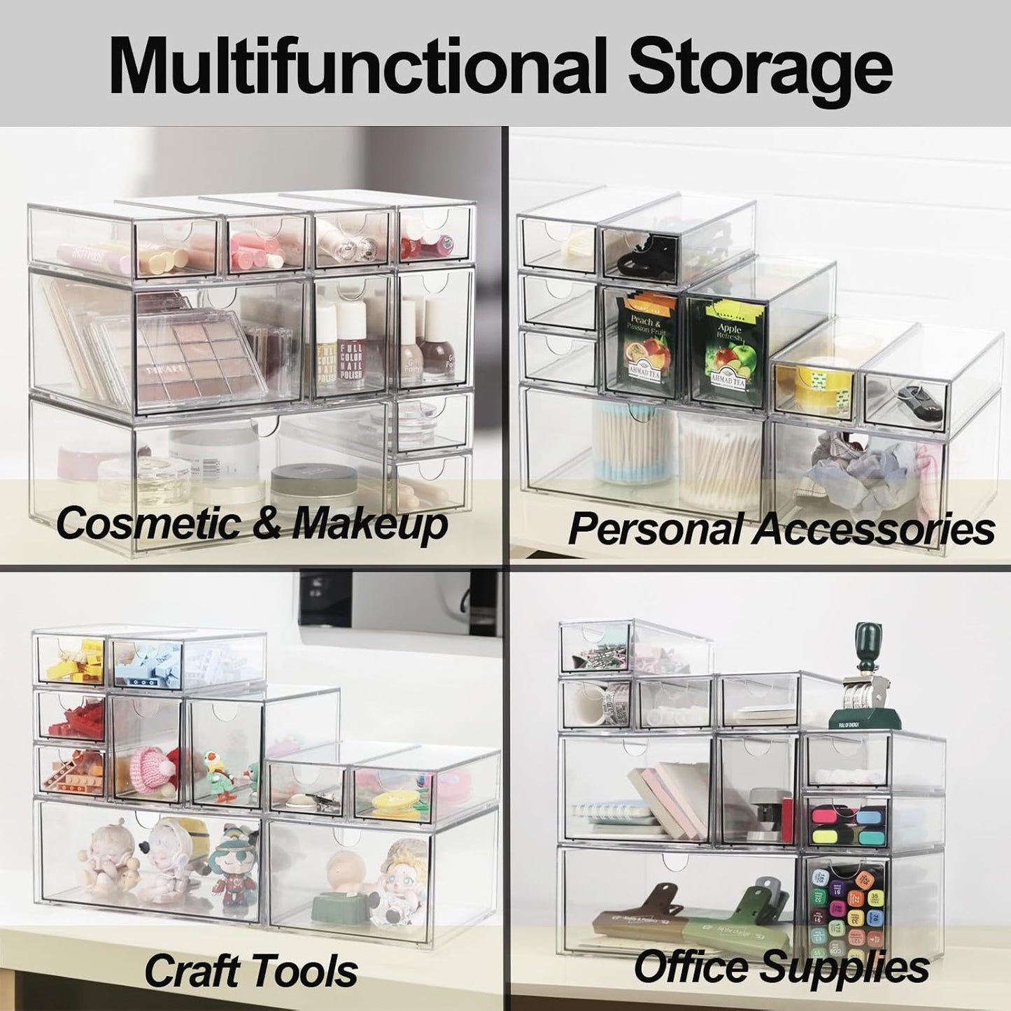 Acrylic Makeup Organizer, 10 Drawers Clear Storage Organizer Desktop Stackable Storage Drawers, Plastic Organizer Bins for Makeup, Stationery, Cosmetics, Vanity, Bathroom,Cabinet,Pantry Office Desk