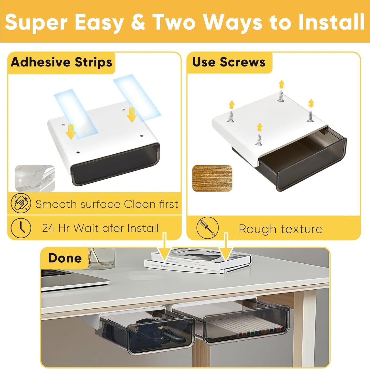 2 Pack Under Desk Drawer Slide Pull Out Plastic Organizer, Attachable Clear Black Acrylic Self Adhesive Mount Hidden Storage for Office & Home, Kitchen, Cabinet, Table, Counter, Space Saving