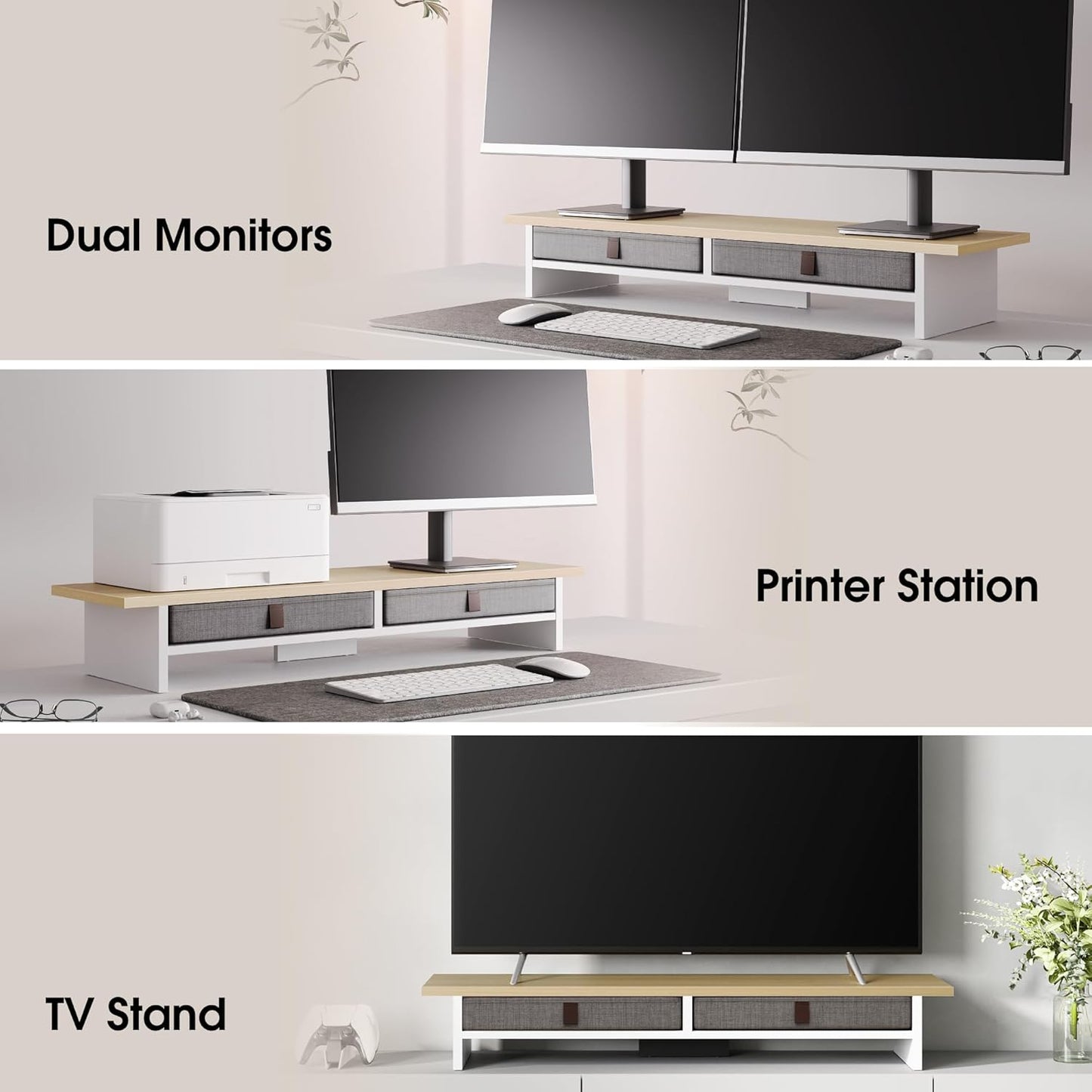 Fenge Monitor Stand with Drawer, 2 Tiers Dual Monitor Riser for Desk, 35 Inch Computer Stand for 2 Monitors, Desk Shelf for Home, Office, Laptop, PC, TV, Printer