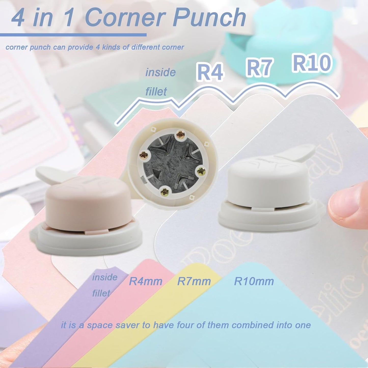 2 Pieces Corner Punch 4 in 1 Corner Rounder Punch Paper Corner Rounder for Making Scrapbooking (R4+R7+R10+Inside Corner) (White and Pink)