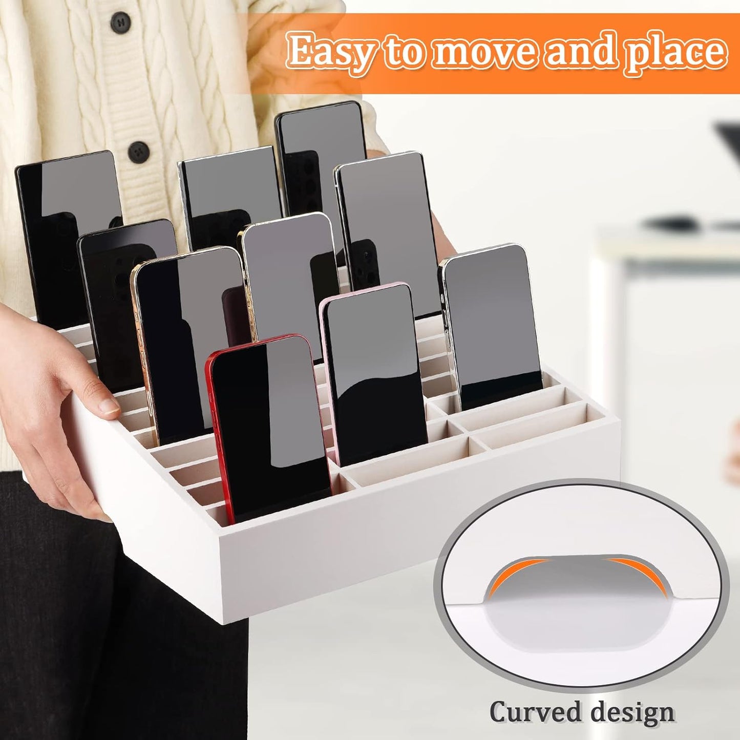 36-Grid Wooden Cell Phone Holder Desktop Organizer Storage Box for Classroom Office (White 36-Grid)