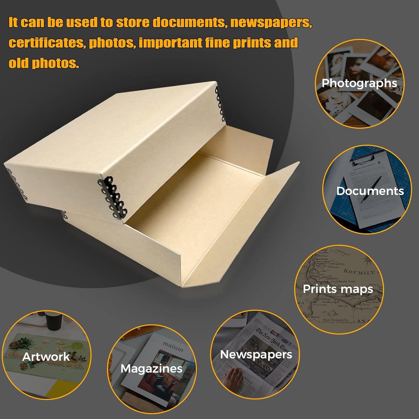 Golden State Art, Archival Storage Box, Acid-Free Drop Front Museum Box with Metal Edge for Storing Artwork Photos Documents Prints Arts And Crafts (Tan-9.25x11.75x3 Inches)