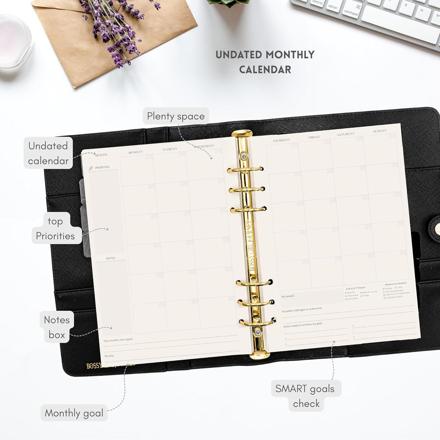 Bossy Girl Journey - A5 Week Undated Daily and Monthly Planner A5 Binder – Goal Setting Productivity Planner 120 Creamy GSM, Habit Tracker, 8 Tabs, Stickers + Bookmark & User Guide - Refillable Organizer for Women