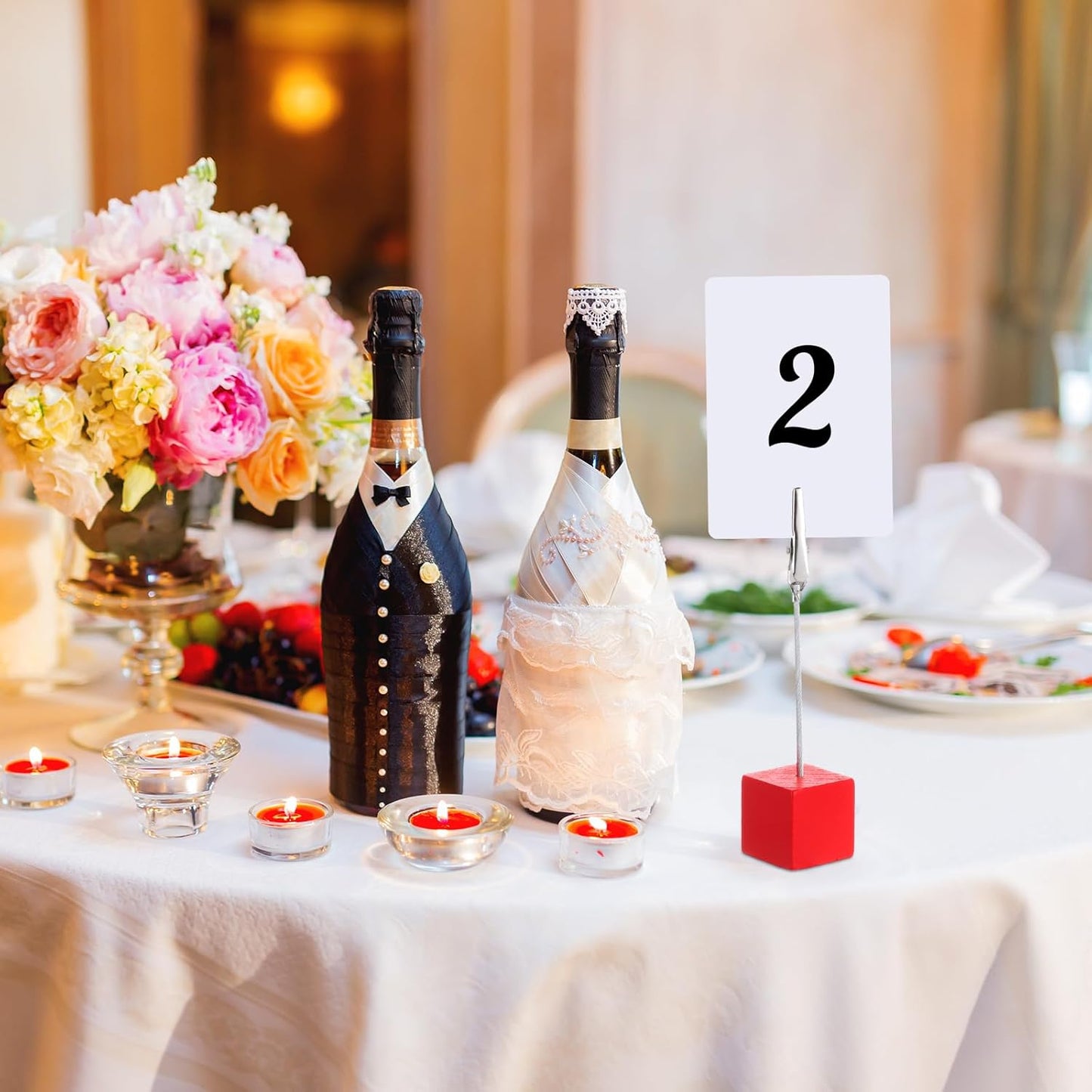 20 Pcs Cube Base Memo Clip Holder with Alligator Clip Wood Table Number Holder Cube Base Place Card Stand Mini Photo Menu Stand for Displaying Number Card(Red)