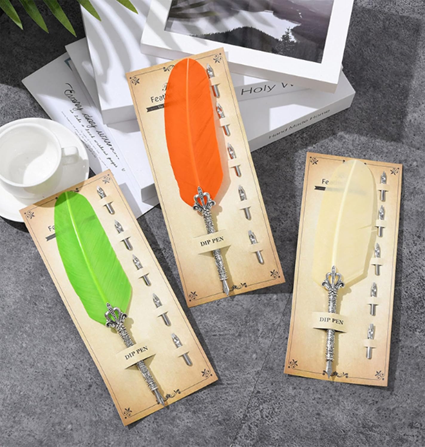 Gullor Calligraphy Feather Quill Pen and 5 Calligraphy Nibs for Beginners Kids Calligraphy Writing Quill Dip Pen Set, Green