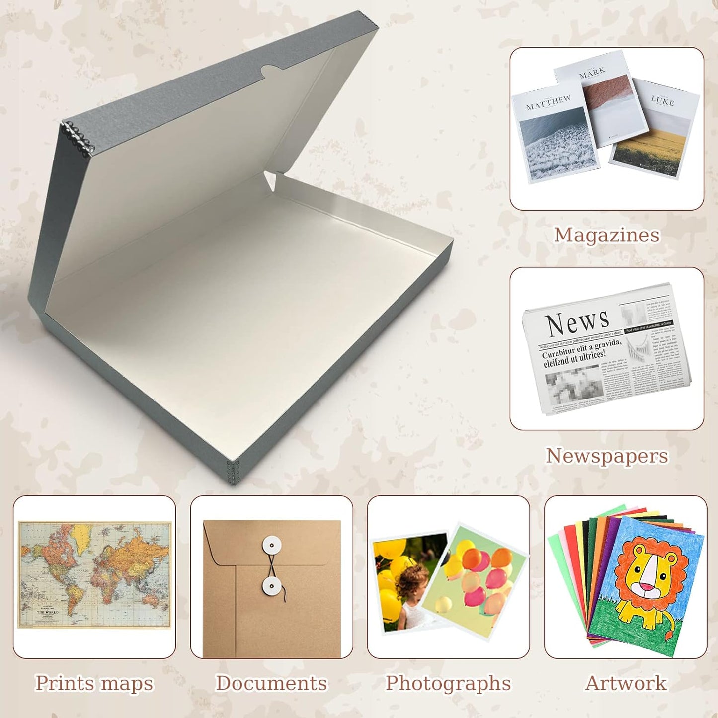 Golden State Art, Archival Folio Storage Box 13x19, Clamshell Design with Metal Edge, Preserve and Store Photos Documents Cards Prints Arts Crafts DIY, Gray, Pack of 2