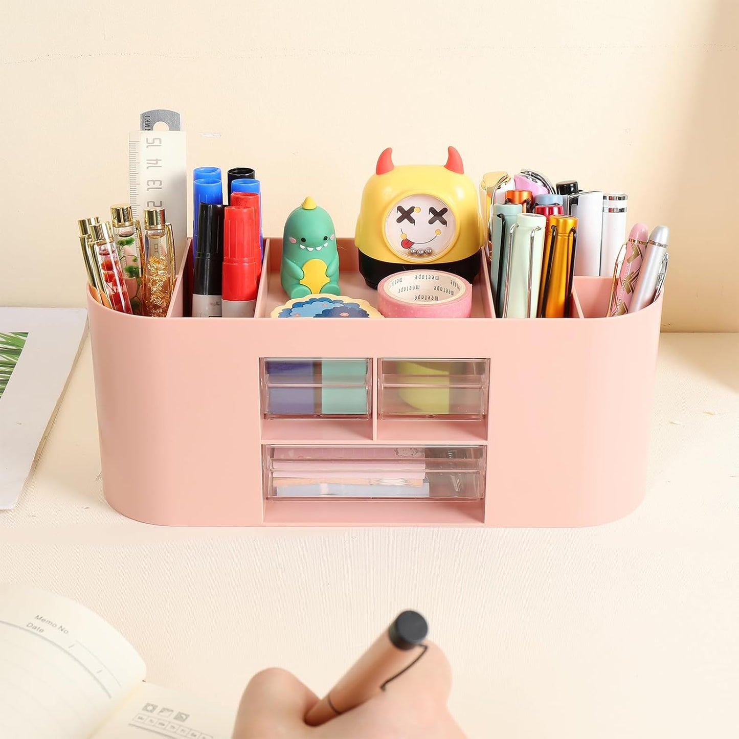 INSTOME Pencil Pen Holder for Desk with 3 Drawers - All-In-One Desk Organizer - Perfect Desk Accessories for Office Use - Stylish & Convenient Desk Organizers and Accessories (Pink)