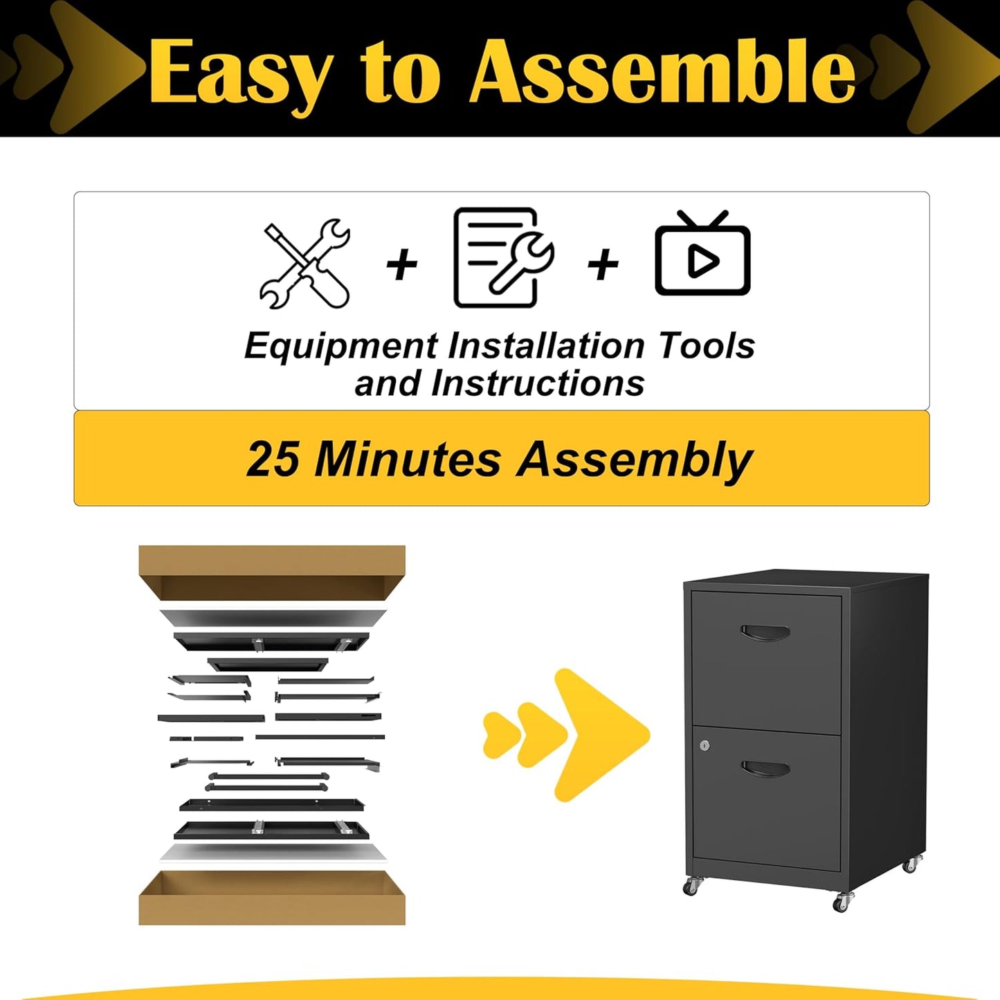 2 Drawer File Cabinet with Lock,Black Rolling File Cabinet for Home Office, Metal Small Mobile Filing Cabinets on Wheels for Hanging Letter