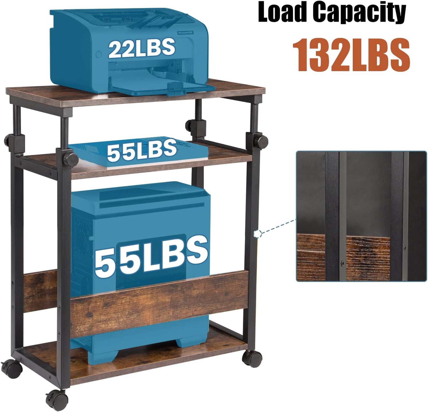Height Adjustable Computer Tower Stand, Computer & Machine Carts, PC Tower Stand, Printer Stands with Wheels, 24" W x 12" D x 23"-38" H, Holds Up to 132 lbs (Fits Tower Lower Than 19")