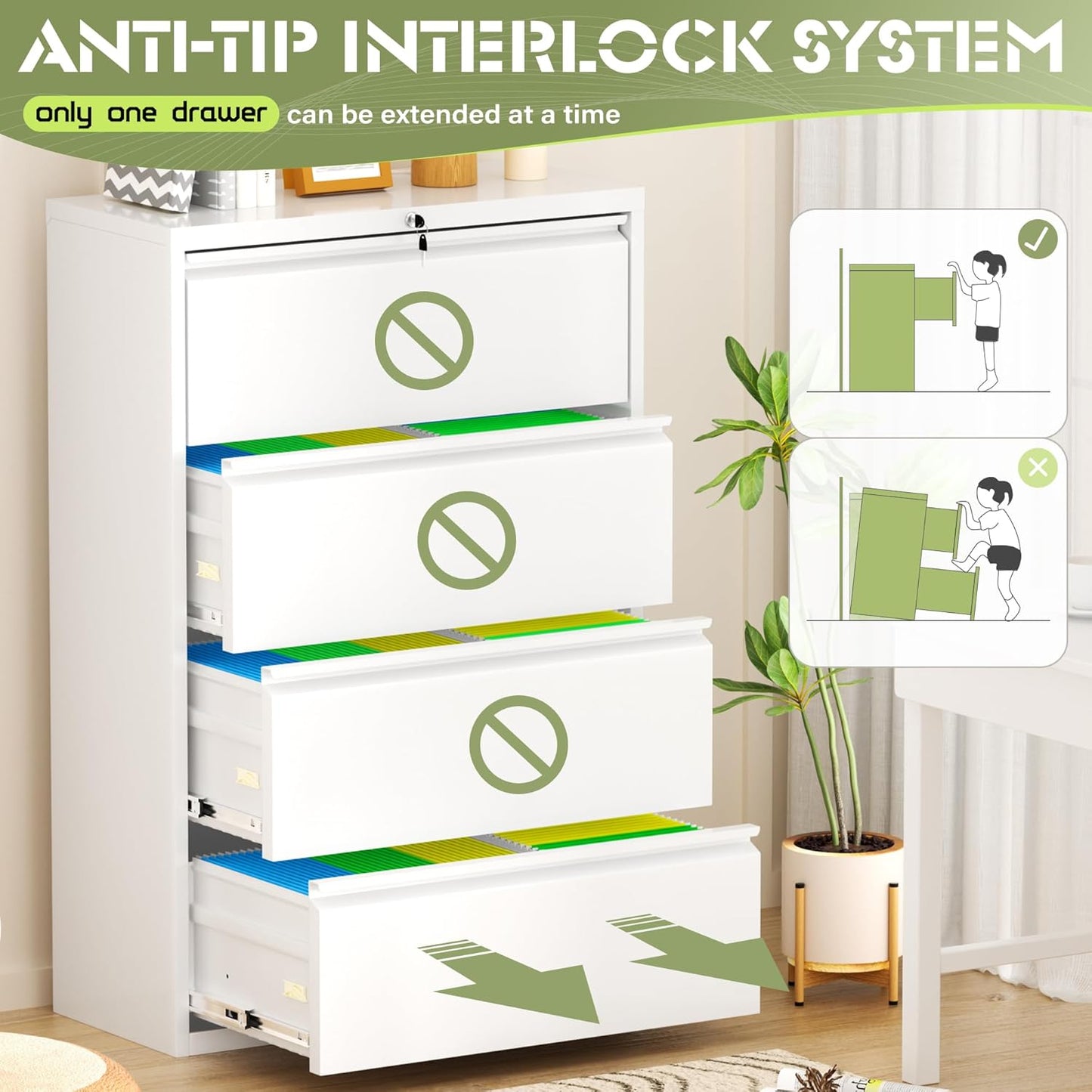 Crownland Lateral File Cabinet with 4 Drawers, 28" W Metal Lockable Office File Cabinets for Home Office- Stores Letter/Legal/A4/F4 Files(White)