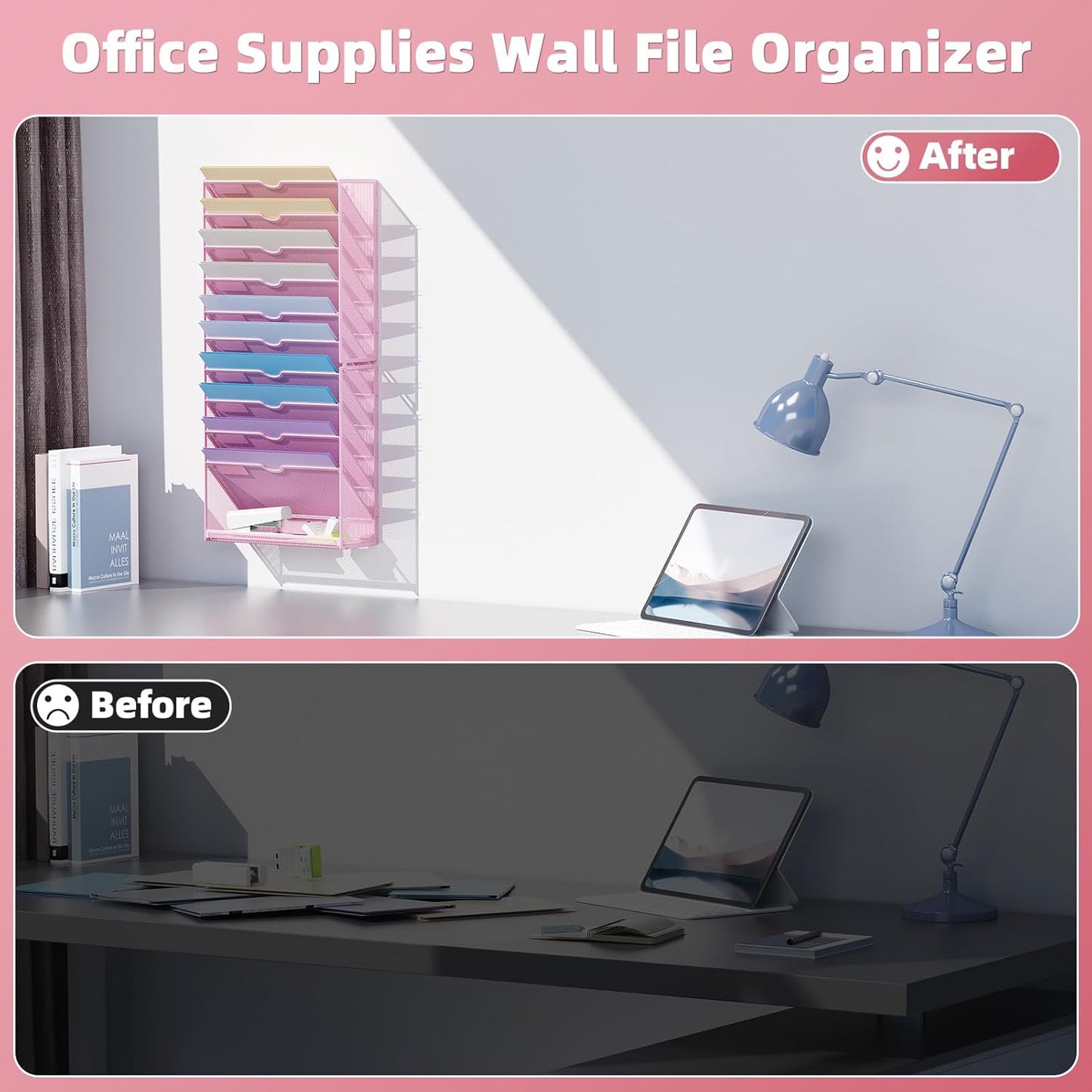 Marbrasse Wall File Holder 11-Tier Hanging Wall File Organizer, for Papers, Files Clipboard & Magazine Organizer, Wall Mount File Holder Great for Office Home (Pink)