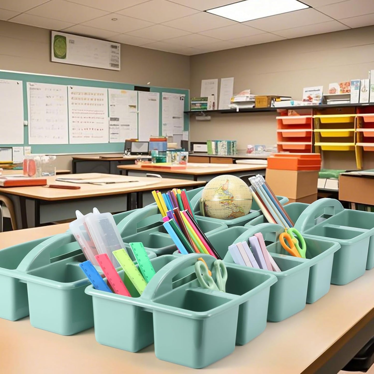 12 Pcs Classroom Caddy with 3 Compartment - Multipurpose Portable Plastic Storage Table Caddies with Handles for School Home Office Organizer(Green)