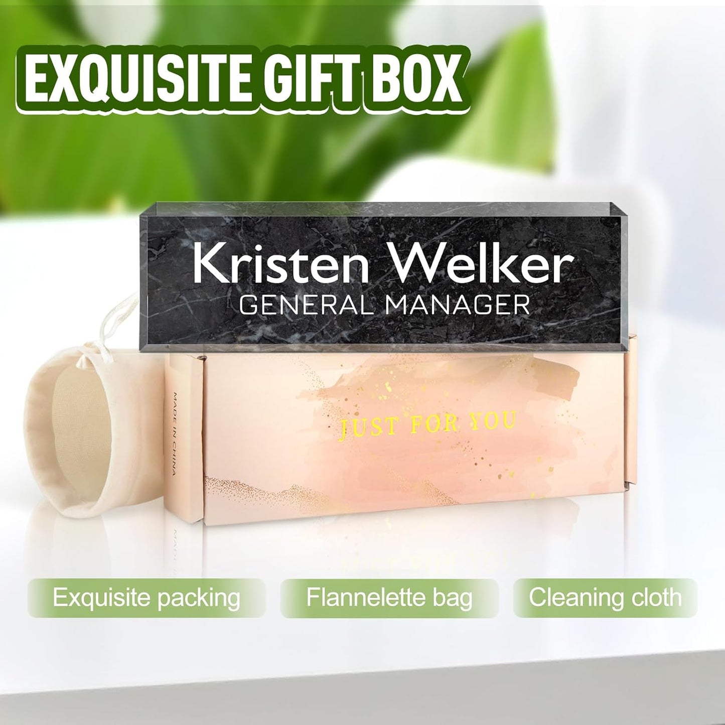 Gowellly Desk Name Plate Personalized - Custom Acrylic Name Plate for Desk - Enterprise Custom Logo/Text nameplates - Employee Appreciation Gifts (Black Marble)