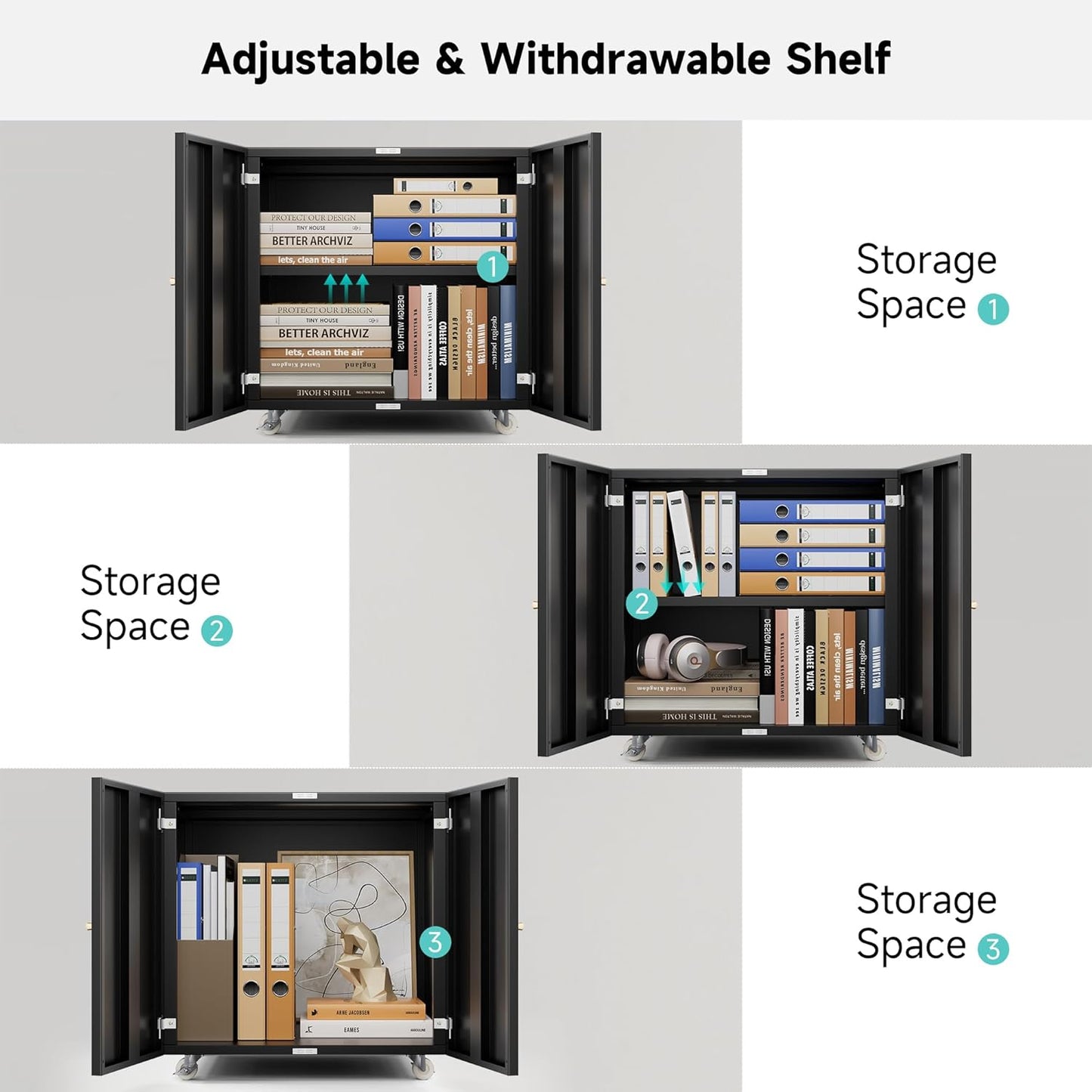 Warmiehomy Metal Printer Stand, 24x24x24'' Printer Cabinet with Storage, Mobile Printer Table with Wheels, Desk for Small Spaces with Door, Adjustable Metal File Cabinet for Home Office (Black)