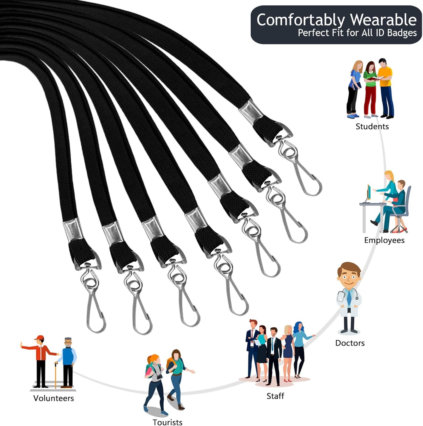 100-Pack Black Lanyards for ID Badges with Swivel J-Hooks - Versatile Neck Lanyard for Keys, Card Holders, Whistles, and More - Ideal for Offices, Teachers, Kids, and Cruise Ship Cards
