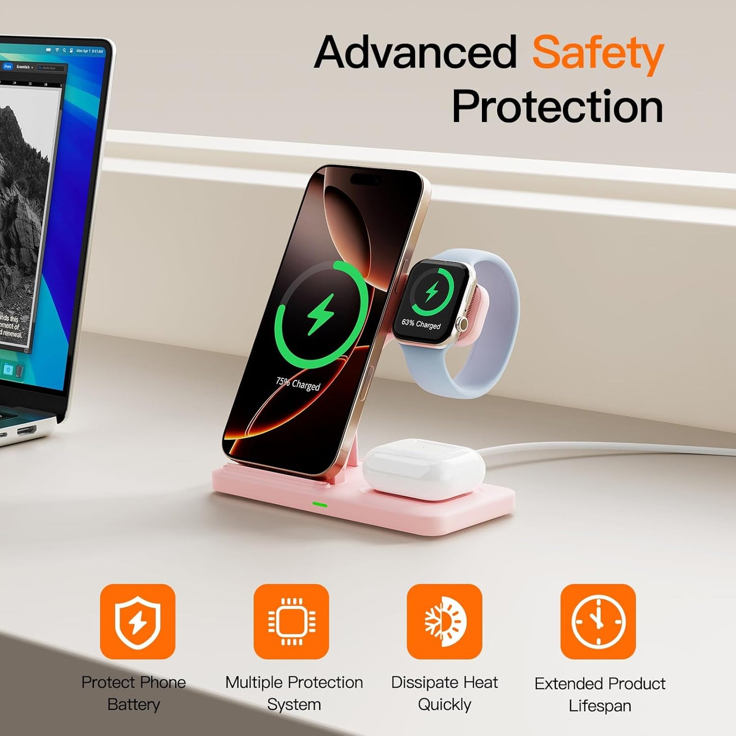 2025 3 in 1 Wireless Charger for iphone17 16 15 14 13 12 11 XR 8, Apple Charging Station for Apple Watch 10/9/Ultra/8/7/SE/6/5/4 & AirPods Series, Wireless Charging Station for Multiple Devices Apple