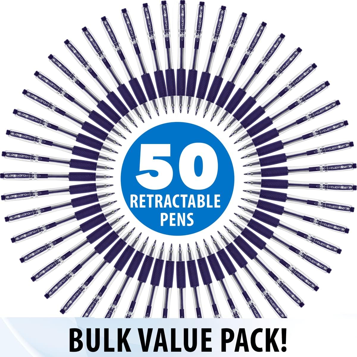 Inc. ClipClicks Retractable Ballpoint Pens - Bulk 1.0-mm Medium-Point Pen Set With Comfort Grip for School, Office, Writing, and Journaling, 50 Count, Blue