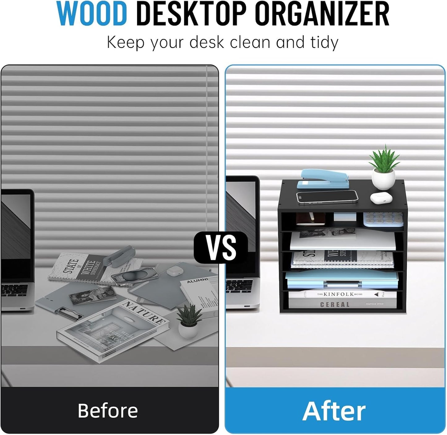 5-Tier Wood Desk Organizer, Paper Tray Organizer for Desk with Adjustable Storage Shelves, Desktop Paper Sorter Mail Holder for Office Home Classroom, Black