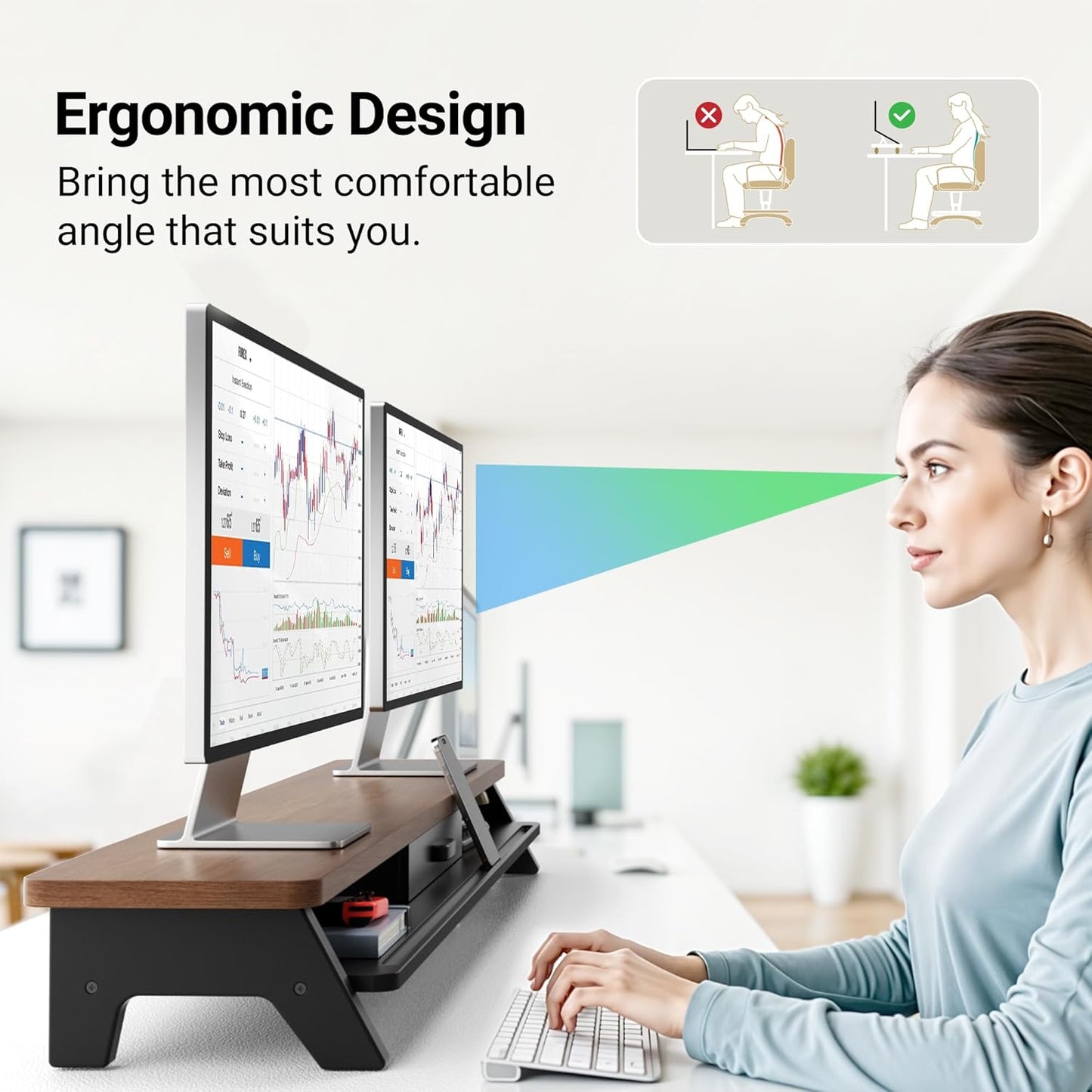 Dual Monitor Stand Riser,LED 2-Tier 39.3 Inch Computer Monitor Stand for 2 Monitors,Office Desktop Organizer with Storage Drawer and Phone Holder for Laptop,PC,Computer,Printer,Walnut