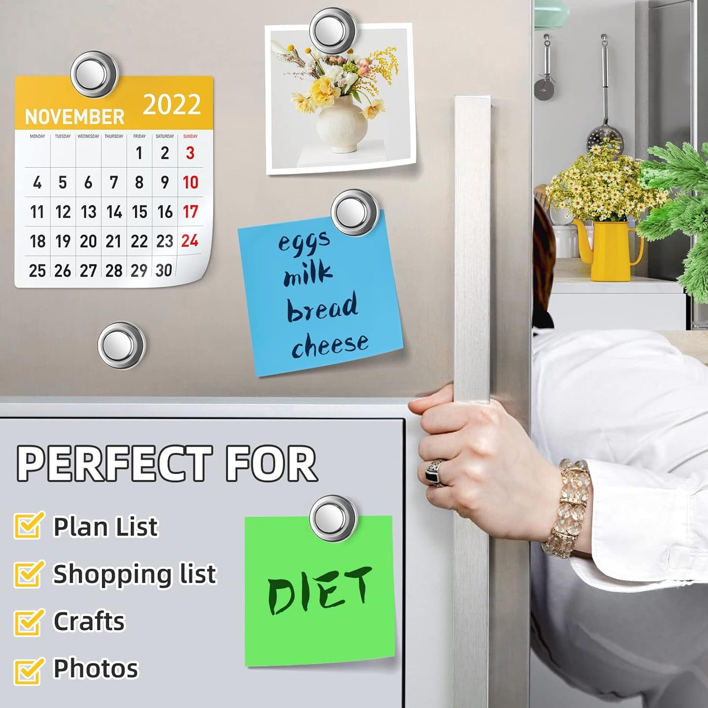 20 Pack Magnetic Push Pins, Silver Strong Fridge Magnets, Whiteboard Magnets, Refrigerator Magnets Strong, Dry Erase Board Magnets for Fridge, Whiteboard, Office, Classroom, Kitchen, Map