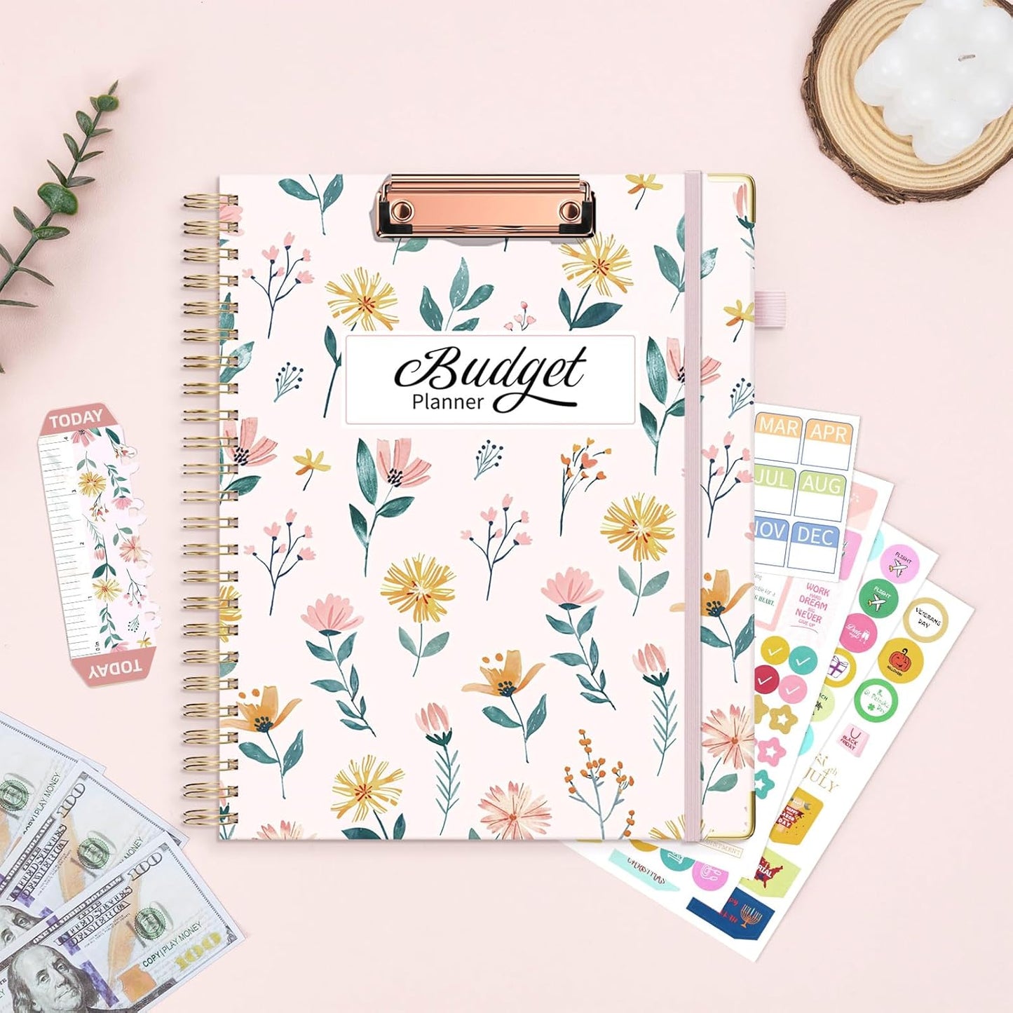 Ospelelf Budget Book Planner 8.5"x11" Large Size Undated Monthly Bill Payment Tracker Organizer Account Financial Planners with Clipboard Pockets Stickers 12 Months Productivity Aesthetic Pink Flowers