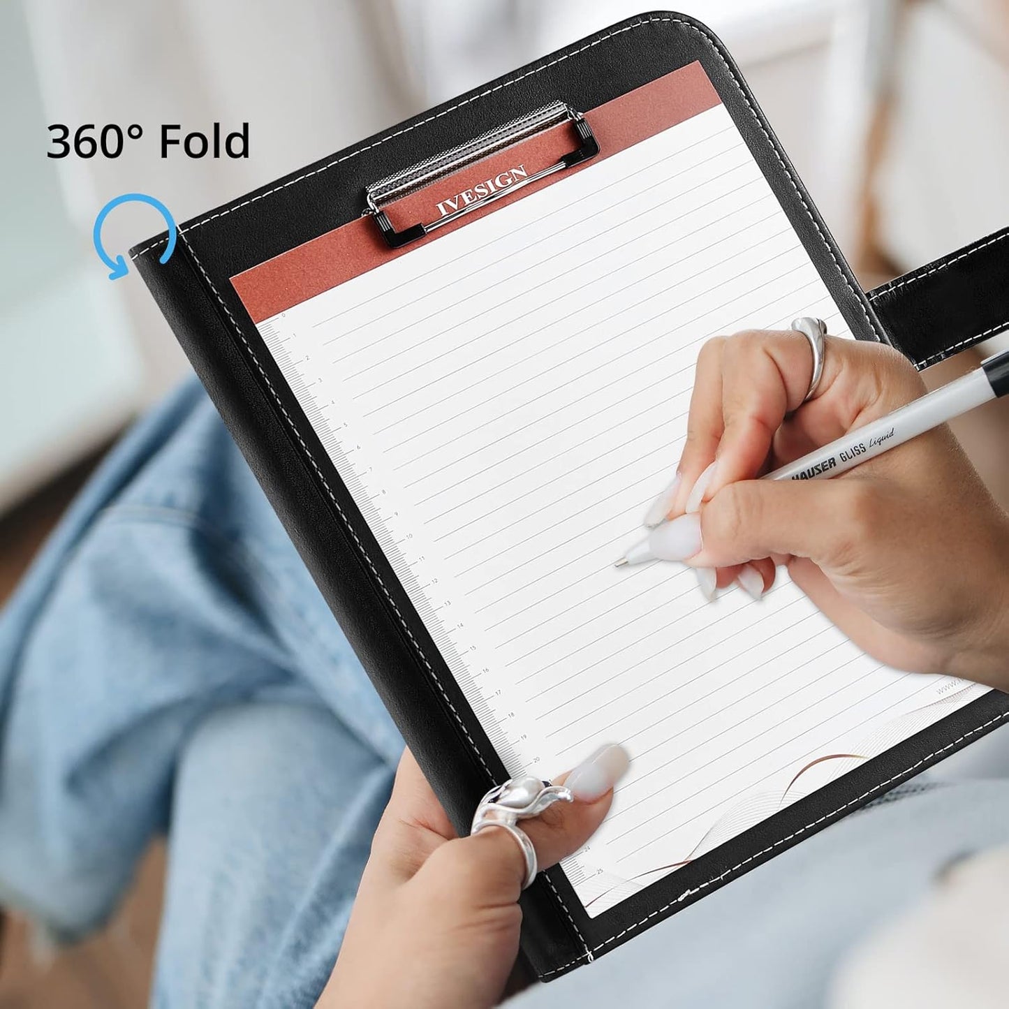 IVESIGN Leather Portfolio Notebook with Folder,Storage Clipboard with Cover for Legal Pad Holder Letter Size A4 Writing Pad for Business School Office Resume Conference Notepad Clip Boards(Black)