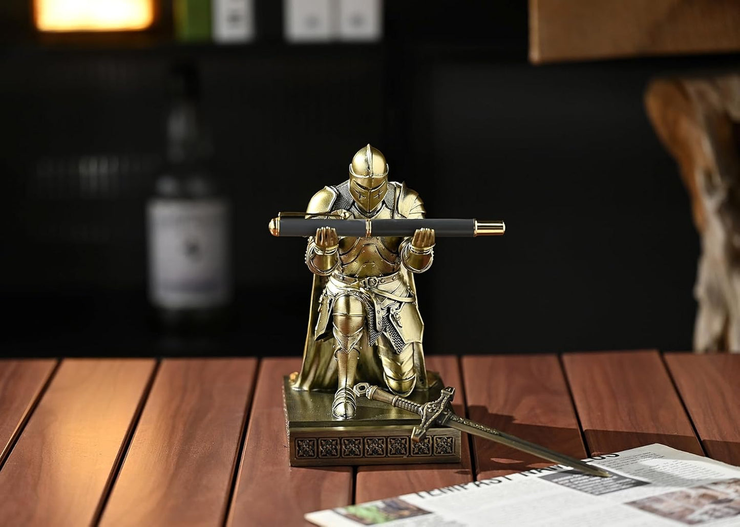 Medieval Armored Warrior Wearing Outerwear, Mobile Phone Stand Knight Pen Holder Desk Organizers, Resin Bookends Paperweight with a Letter Opener for Desk (Bronze)