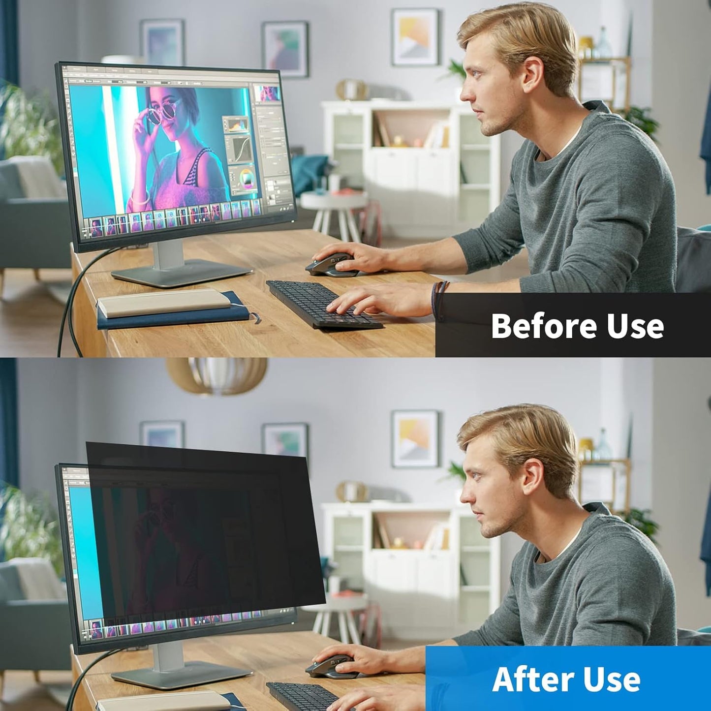 2 Pack Computer Privacy Screen 24 Inch for 16:9 Widescreen Monitor, Removable Eye Protection Anti Glare Blue Light Computer Screen Privacy Shield, Anti Spy Screen Protector Film