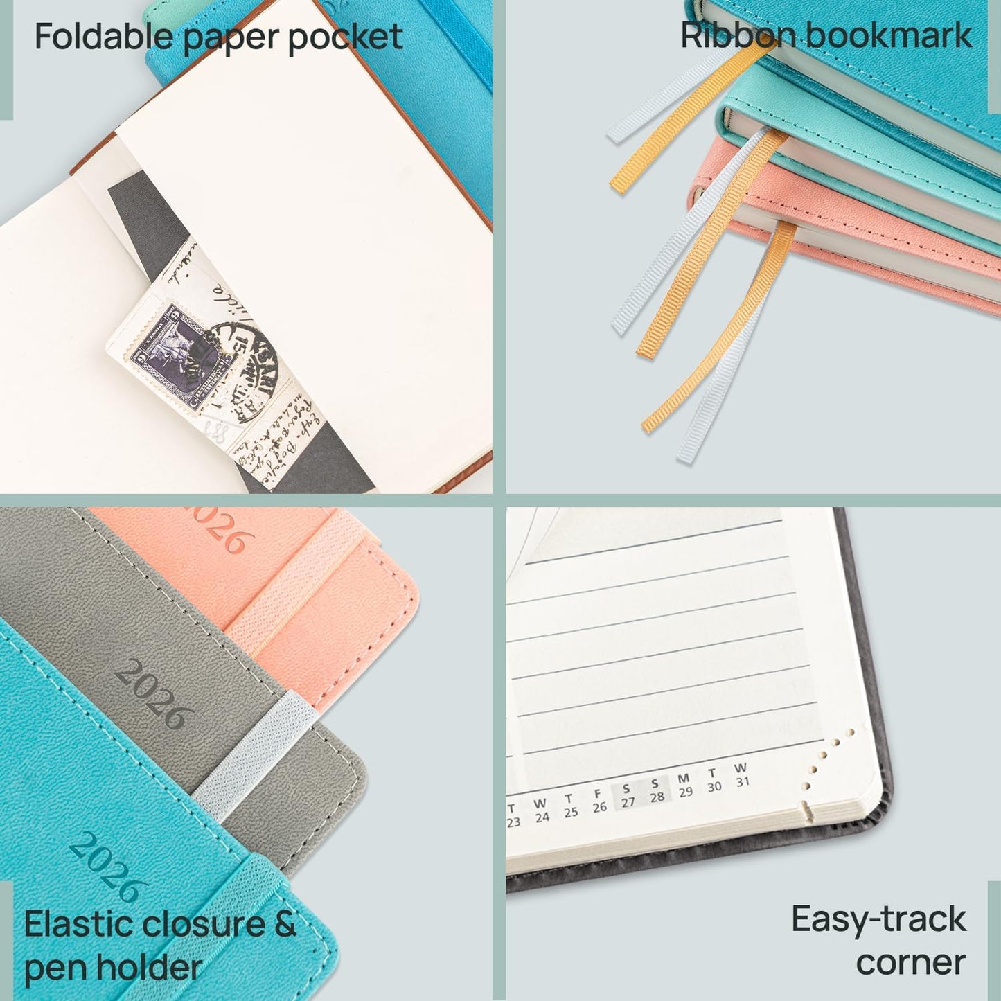 POPRUN Daily Planner 2026 (Jan - Dec), (Purse Size-4.25" x 6.25") 2026 Daily Calendar with One Page Per Day Even Weekends, Hourly Appointment Book with Pocket, PU Leather Softcover - Pink