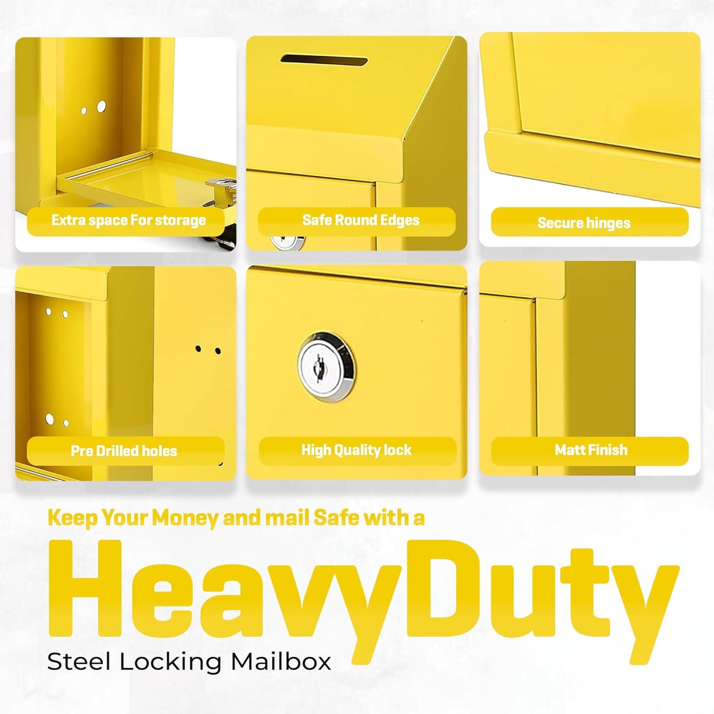 Metal Donation Box-Suggestion Box with Slot and lock-Cash Lock box for Money-Secure Drop Box-Comment and ballot voting box-comes with pre-drilled holes for easy wall mounting 10 X 6 X 2.5"(Yellow)