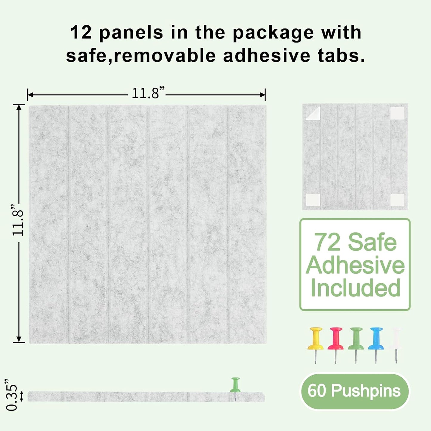 12 Pack Large Cork Board for Walls, Slat Wall Paneling, 48" X 36" Felt Bulletin Board Tiles with Safe Removable Adhesive Tabs & Push Pins, Pin Board Cork Board Wall Organizer for Office - Light Grey